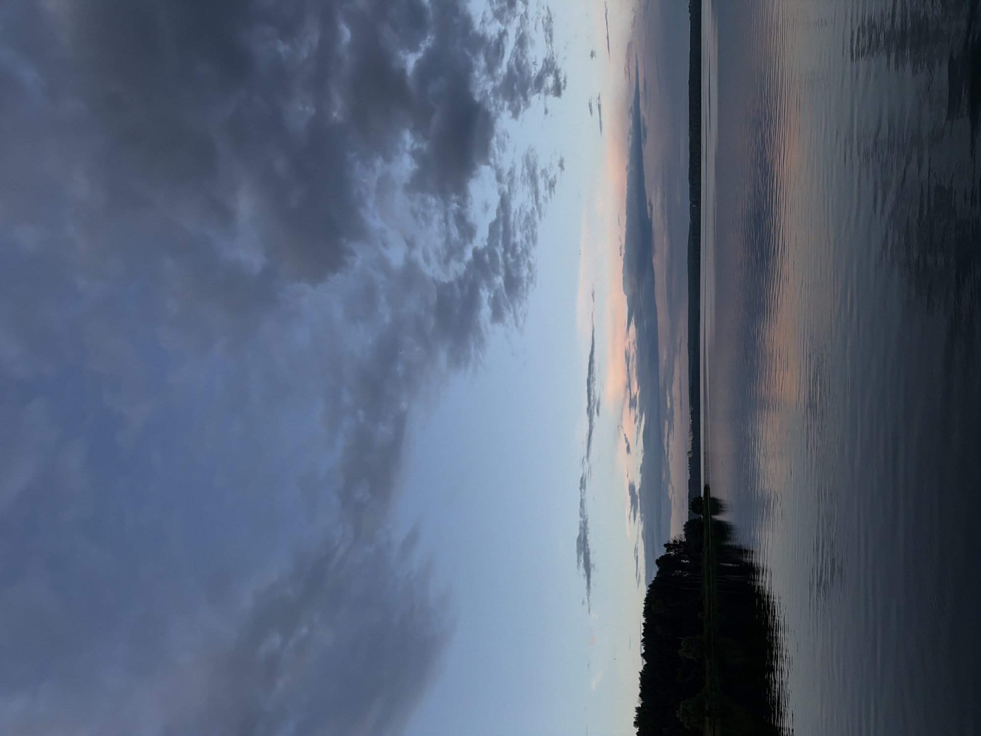 The image depicts a body of water, likely a lake or a large river, with a forested shoreline on the left. The sky above is filled with dramatic clouds, transitioning from a deep blue to lighter shades of blue and pink near the horizon, suggesting either dawn or dusk. The water's surface is calm, reflecting the colors of the sky and the trees. The shoreline is densely wooded with dark green trees. In the distance, across the water, there appears to be a faint outline of buildings, hinting at a settlement or a town on the opposite bank. The overall atmosphere is serene and natural. The location is identified as Solnechnogorsk, Russia. There are no people or visible actions in the image.