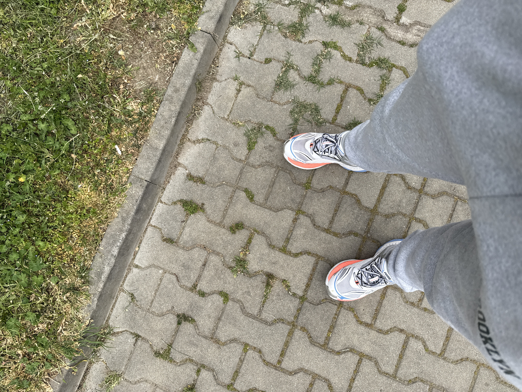 The image shows a first-person view of a person standing on a paved pathway in Stara Zagora, Bulgaria. The pathway is made of interlocking concrete blocks, with grass growing in the seams. The person is wearing gray sweatpants and running shoes with a white, blue, and orange color scheme. A grassy area is visible on the left side of the pathway, bordered by a concrete curb. "BROOKLYN" is partially visible on the right leg of the sweatpants.