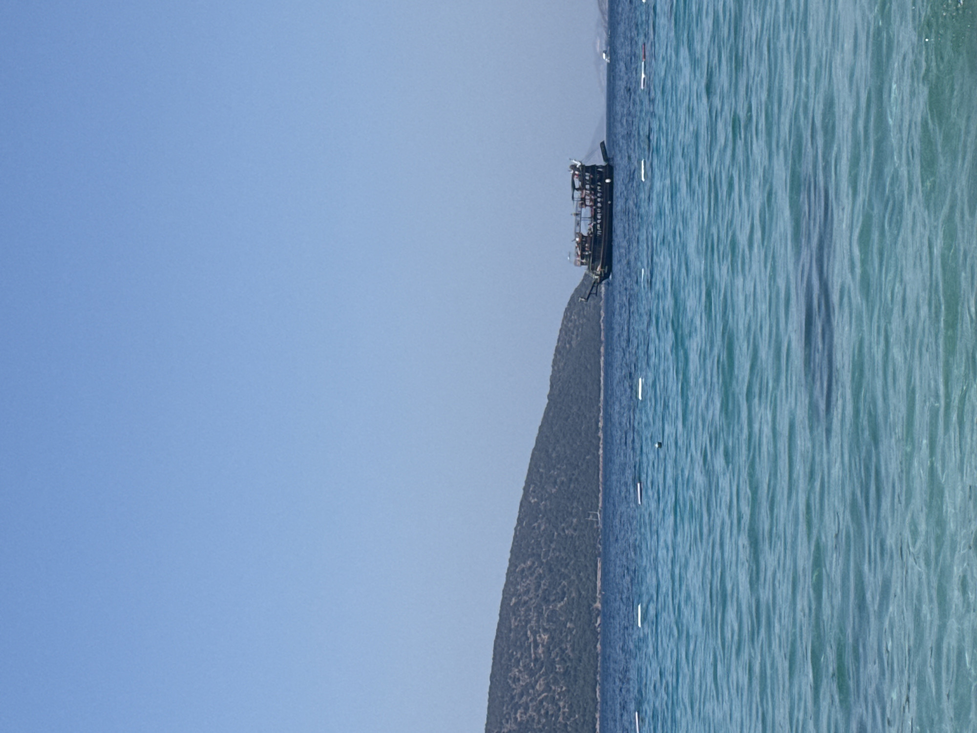 A wide shot captures a serene coastal scene in Bodrum, Turkey, under a clear, bright blue sky. In the foreground, the turquoise waters of the Aegean Sea gently ripple, with a series of white buoys marking a swimming area near the shore. In the middle ground, a traditional Turkish gulet, a wooden sailing boat, glides across the water. The gulet is dark-colored with multiple decks, and it appears to be carrying passengers. In the background, a verdant, tree-covered hillside slopes down towards the sea, forming a dramatic natural backdrop. The overall impression is one of a tranquil and picturesque day at the beach.