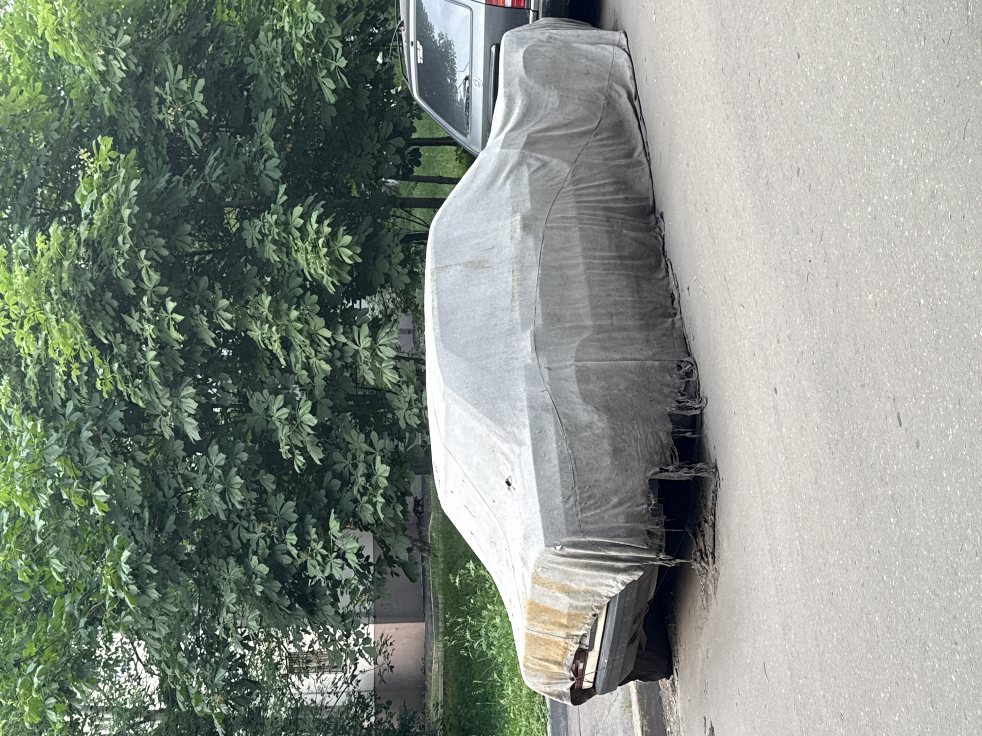 A car is covered by a tattered grey tarp on a paved street in Moscow, Russia. The tarp is torn and frayed at the bottom, revealing the car's wheels and undercarriage. The car appears to be old and in a state of disrepair. The background features lush green trees and a building, suggesting a residential area. The lighting indicates it is daytime.