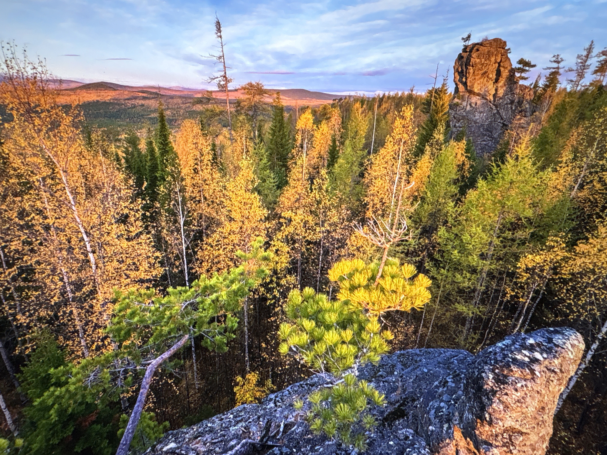 The image depicts a vibrant forest landscape, likely during autumn. A foreground of rocky terrain with stunted pine trees leads the eye into a dense forest of mixed deciduous and evergreen trees, many displaying autumnal yellow foliage. In the mid-ground, a prominent rock formation stands among the trees. The background features distant rolling hills and a sky with a mix of blue and light clouds. There are no people visible in the image. The location is not in Mława, Poland.