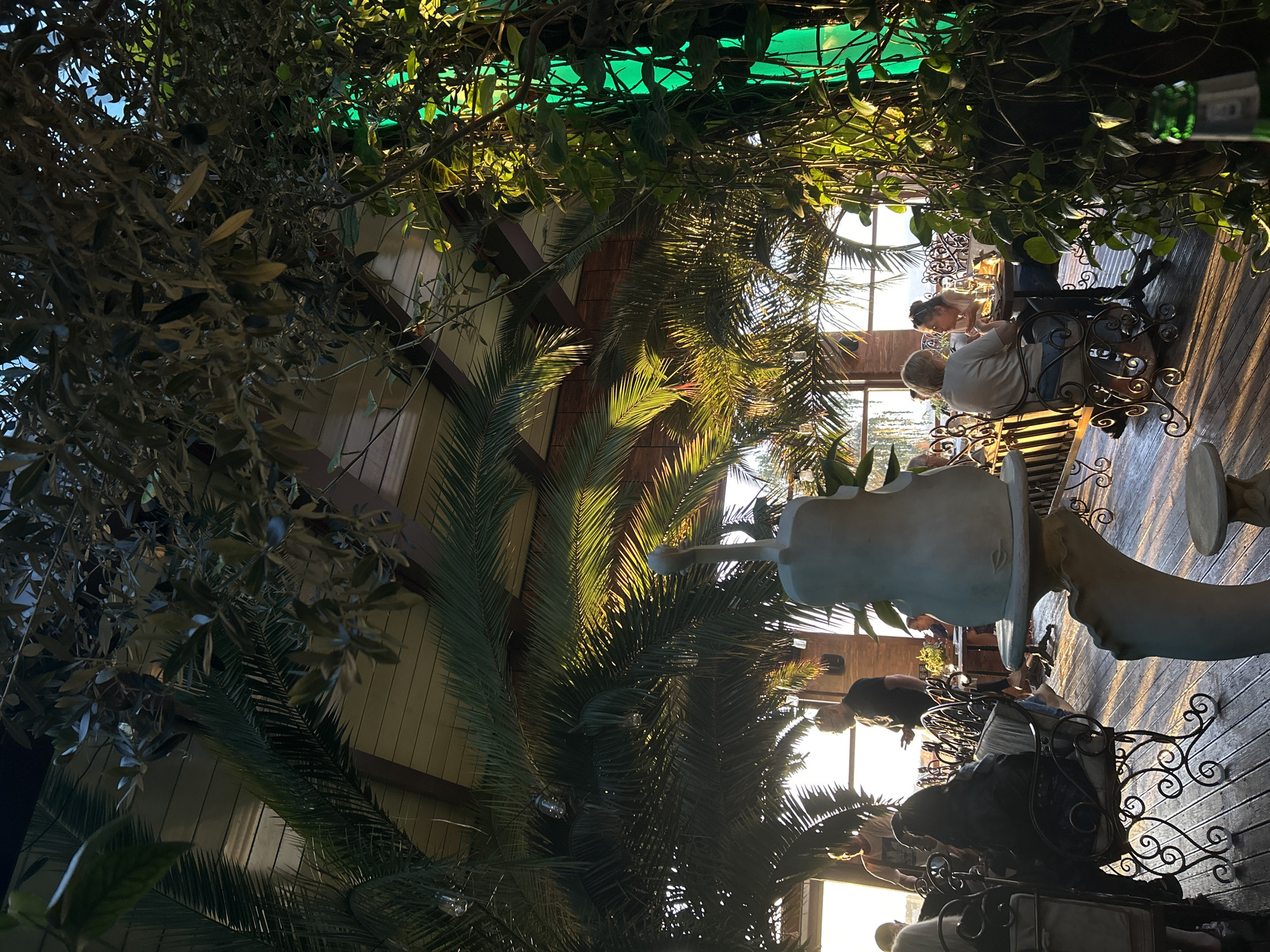 The image depicts an outdoor seating area, possibly a restaurant or cafe, situated in what appears to be an enclosed space decorated with dense greenery and decorative elements. The location is in Sofia, Bulgaria.
People are seated at tables, engaged in activities such as eating and socializing. The seating features ornate wrought-iron chairs and tables. Overhead, the structure is covered with lush foliage, including palm trees and other plants, creating a garden-like ambiance. A decorative sculpture is visible, adding to the artistic feel of the space. The lighting suggests it is either early morning or late afternoon, with the sun casting long shadows across the wooden floor.