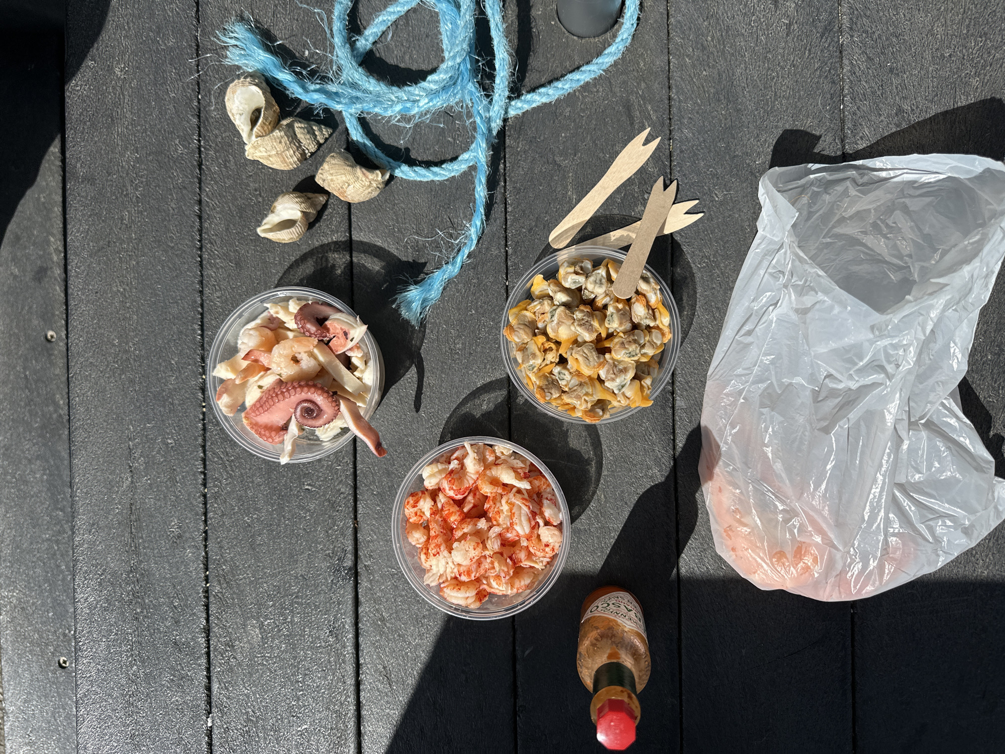 The scene depicts a collection of seafood-related items arranged on a dark, wooden-planked surface, likely a table or deck. Items include three clear plastic containers holding mixed seafood (shrimp, octopus, etc.), cockles, and peeled shrimp. Small wooden forks are inserted into the cockles container. A clear plastic bag containing some seafood items rests near the cockle container. A small bottle of Tabasco sauce is positioned near the shrimp container. Above the containers are marine-themed elements including a length of blue rope and several seashells. The scene appears to be outdoors, illuminated by bright sunlight casting sharp shadows. This is likely a depiction of seafood snacks being enjoyed in the Folkestone and Hythe District, United Kingdom.
