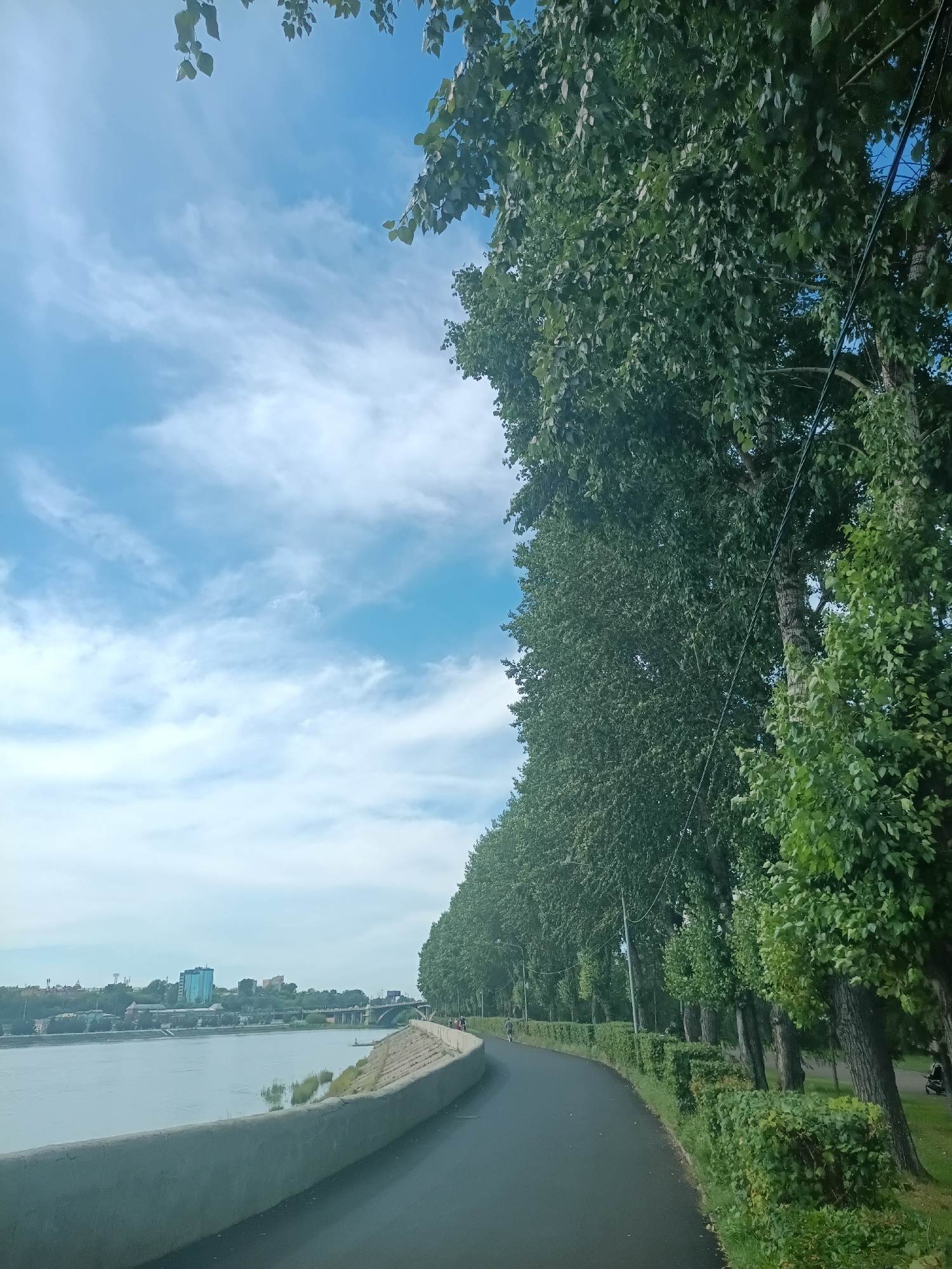 The image depicts a scenic view along a riverbank in the city of Irkutsk, Russia. A paved pathway, likely a pedestrian or bicycle path, curves alongside a concrete embankment that separates it from the water. The river itself is wide and appears calm, with a distant cityscape visible on the opposite bank, including buildings and a bridge. Tall, mature trees with dense green foliage line the pathway on one side, creating a natural canopy. The sky is a clear blue, punctuated by scattered white clouds. The overall impression is one of a well-maintained urban park or promenade, offering a tranquil setting for recreation.