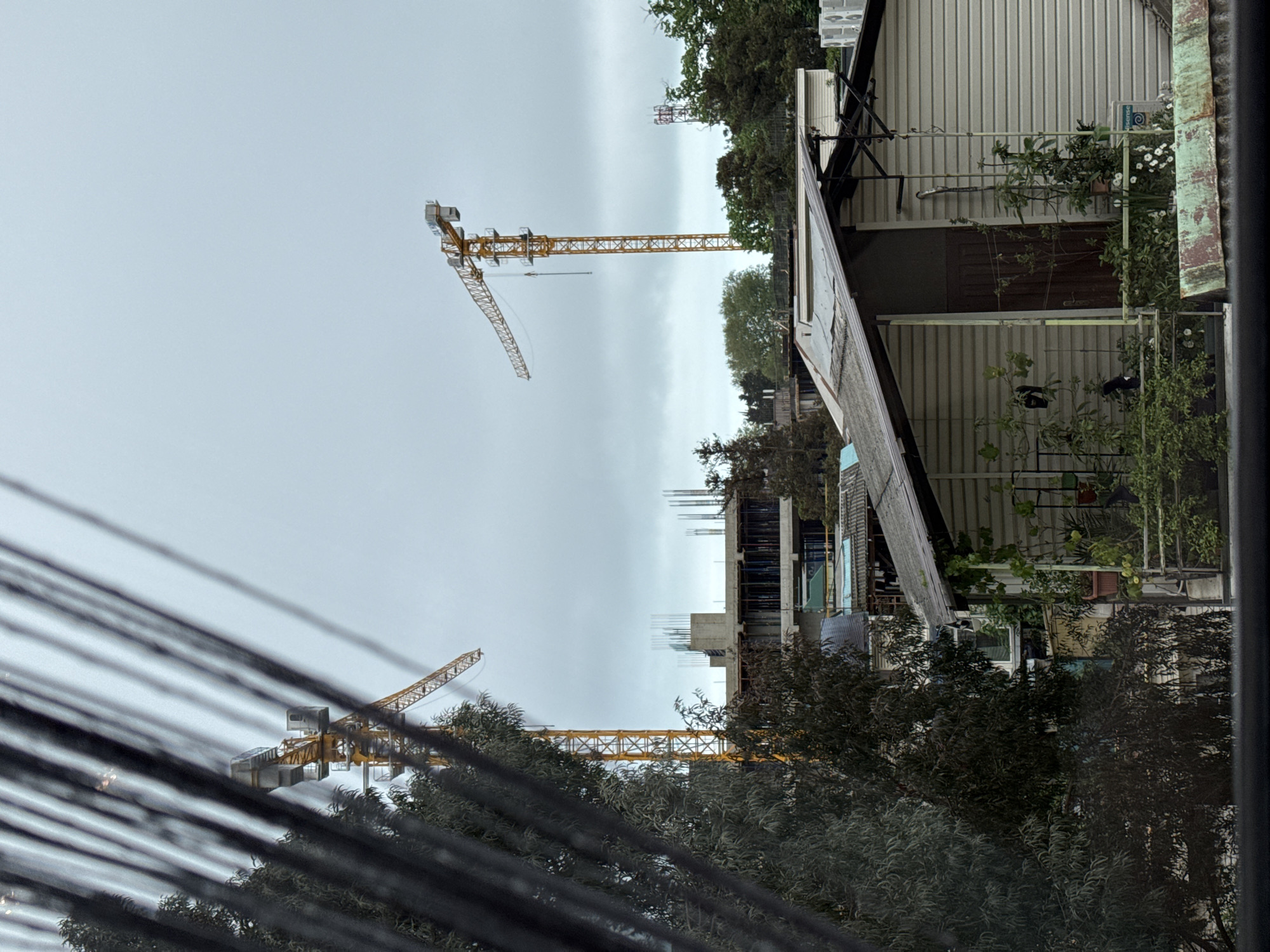 The image depicts a view from what appears to be a window, showcasing a cloudy urban landscape in Sochi, Russia. In the foreground, a thick bundle of black cables obscures part of the view. Beyond this, three yellow construction cranes are visible, suggesting ongoing construction activity in the area. A building under construction with exposed concrete and steel reinforcement stands amidst trees. To the right, a weathered building with a sloped roof and multiple levels is noticeable, adorned with greenery. The overall impression is that of a city under development, with a mix of older and newer structures. The sky is overcast, contributing to a muted color palette.