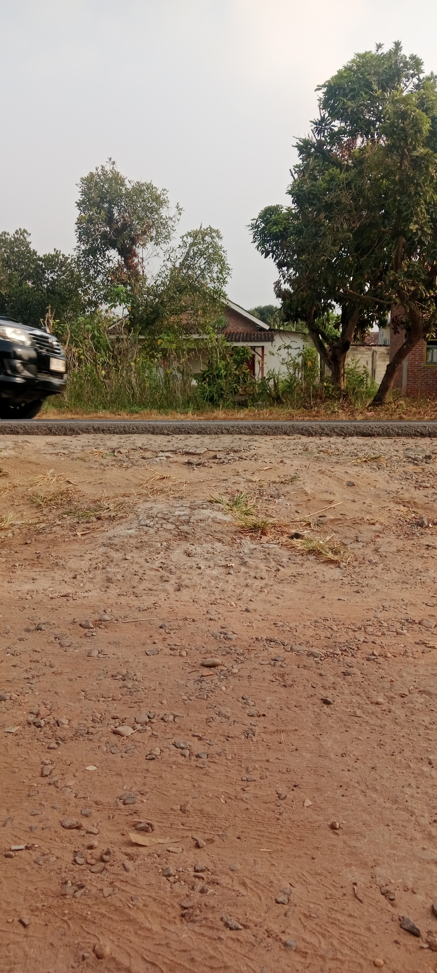 The image depicts a roadside scene in Gondang Rejo, Indonesia, with a focus on the foreground of a dusty, gravel-strewn path. In the middle ground, a narrow asphalt road runs horizontally, with a dark-colored vehicle, possibly a car, partially visible on the left side, in motion. Beyond the road, a line of lush green trees and vegetation separates the road from a modest white building with a reddish-brown tiled roof, suggesting a residential or small commercial structure. The sky above is overcast and hazy, typical of tropical weather conditions. The ground in the foreground is dry, reddish-brown soil mixed with small stones and scattered dry grass, indicating an unpaved area adjacent to the road. The overall scene conveys a sense of a rural or semi-rural environment in Indonesia.