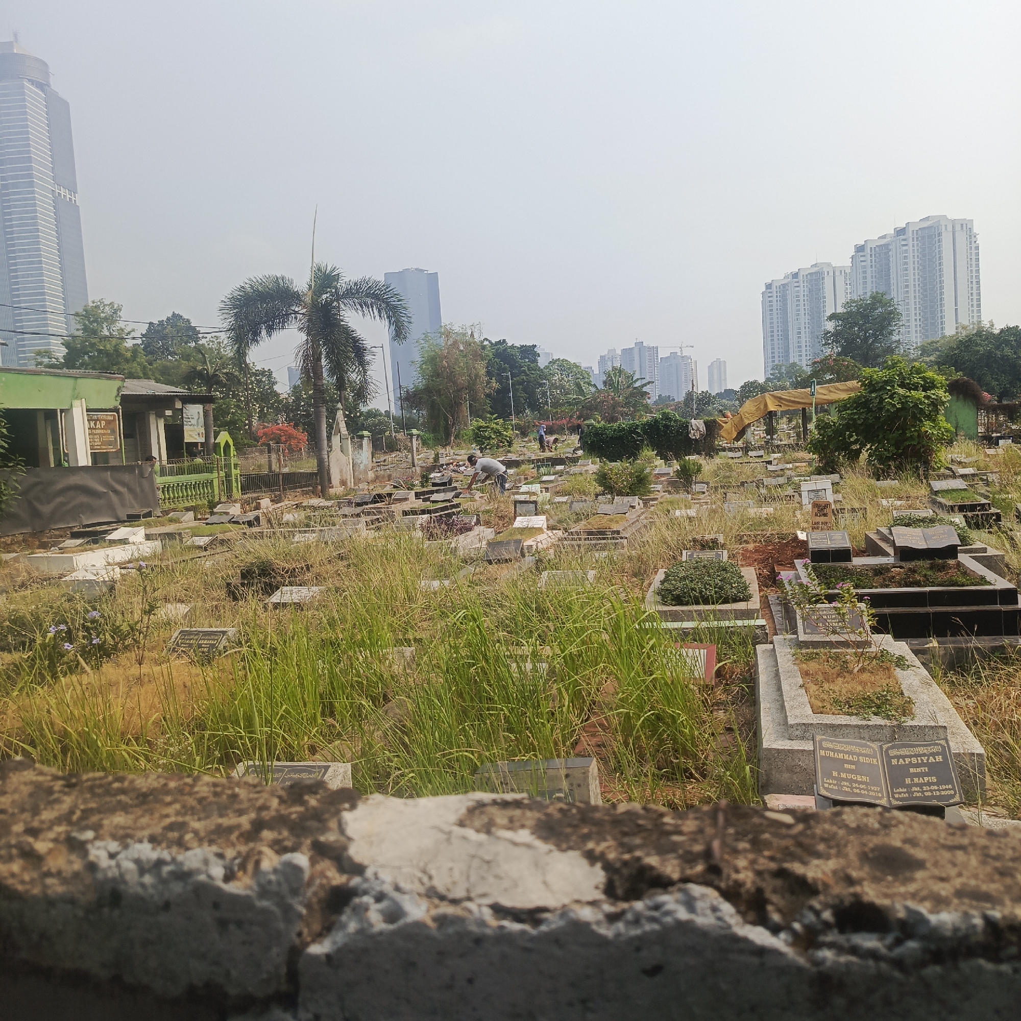 The image depicts a graveyard in South Jakarta, Indonesia, with tombstones and overgrown grass. In the background, several modern high-rise buildings are visible, contrasting with the cemetery. There are at least three individuals present in the graveyard, two of whom appear to be tending to the graves. The environment suggests an outdoor, daytime scene with clear skies, although the air appears hazy. The foreground is dominated by a rough, textured surface, possibly part of a wall or debris, that is out of focus.