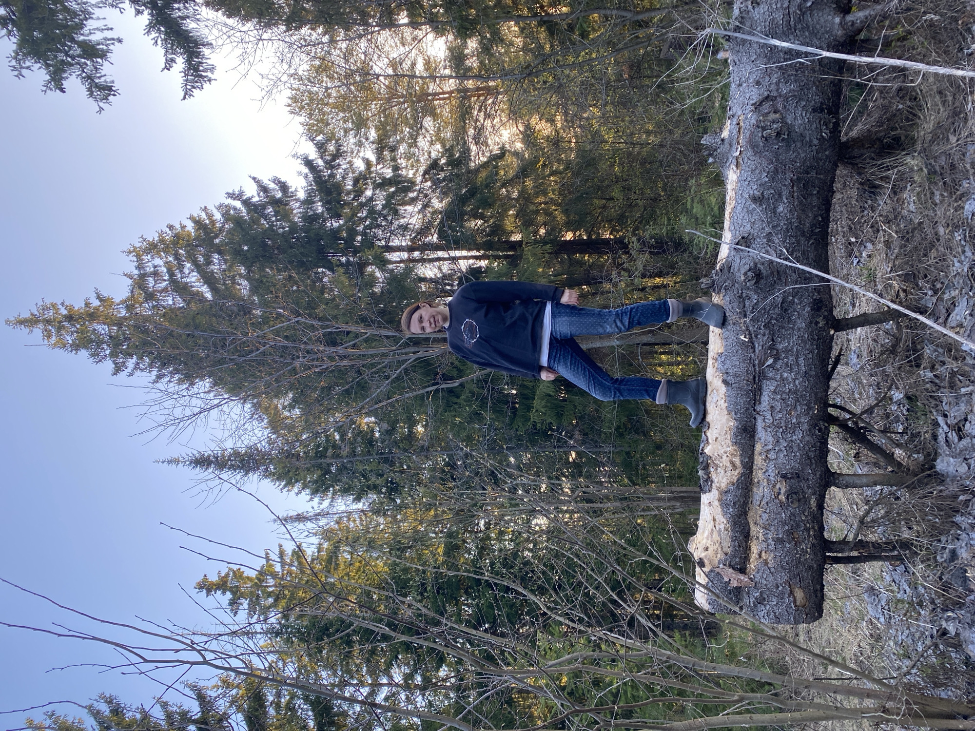 A young person stands atop a fallen tree trunk in a wooded area. The individual wears a dark-colored sweater with a circular graphic on the chest, blue jeans, and gray boots. A forest of coniferous trees surrounds the fallen log, and a clear blue sky is visible through the branches. The location is in the city of Прикамский, Russia. Dead branches and leaf litter are present in the surrounding undergrowth.