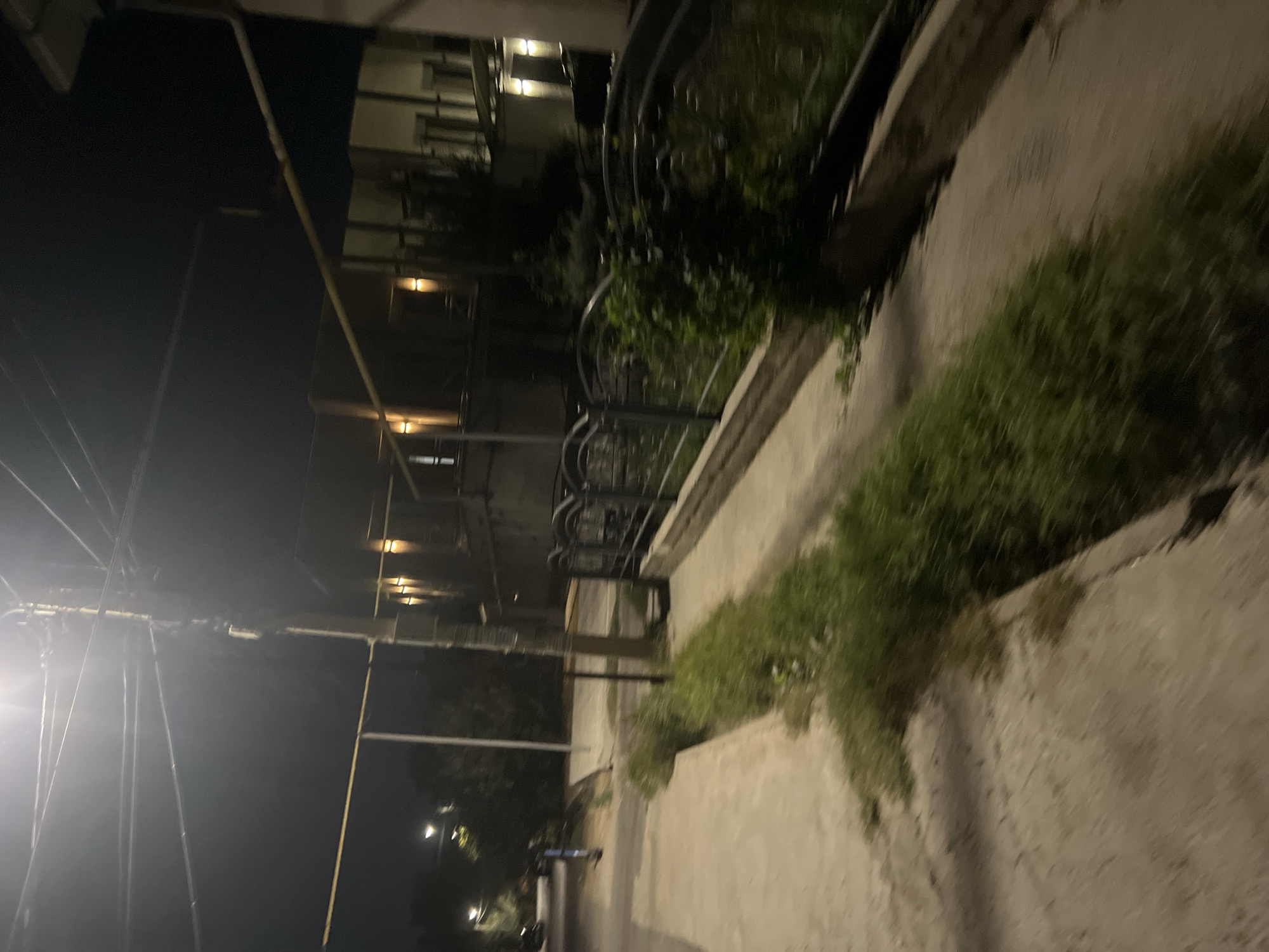 An outdoor scene at night depicts a sidewalk and street. A power pole with many wires is prominent on the left side of the image. A metal fence borders a grassy area to the right of the sidewalk. In the background, there are buildings with illuminated windows and outdoor lights. The scene is captured in motion, indicated by the blurriness. There are no people visible in the frame.