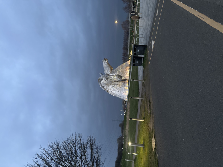The image depicts an exterior scene at dusk or early evening at The Kelpies, Helix Park, Falkirk, United Kingdom, under a heavily overcast, dark grey sky. The primary subjects are two monumental, illuminated metallic horse-head sculptures, appearing silver, positioned in the mid-ground. The left sculpture faces slightly left, while the right sculpture faces right with its mouth open. Both are mounted on a partially lit base.
The foreground features a dark grey asphalt surface, with a single yellow dashed line along its right edge. To the left, a paved pathway is bordered by a series of short, cylindrical, illuminated bollard lights casting a warm glow onto the adjacent grass. Two dark waste bins are situated on a lighter paved area to the right of the pathway, immediately in front of a metallic bike rack.
In the upper left, a large, bare-branched deciduous tree stands against the sky. The mid-ground and background beyond the foreground paving consist of an expansive area of green and brown grass. In the distant left background, a large electricity pylon and associated power lines are visible. Further along the horizon, a tree line and indistinct road infrastructure with faint vehicle lights are present.
Two individuals are visible in the far right mid-ground, walking away from the viewer on a paved surface near the base of the sculptures. One person wears a light-colored coat; the second individual is less clearly defined. No direct interactions with the sculptures are observable.