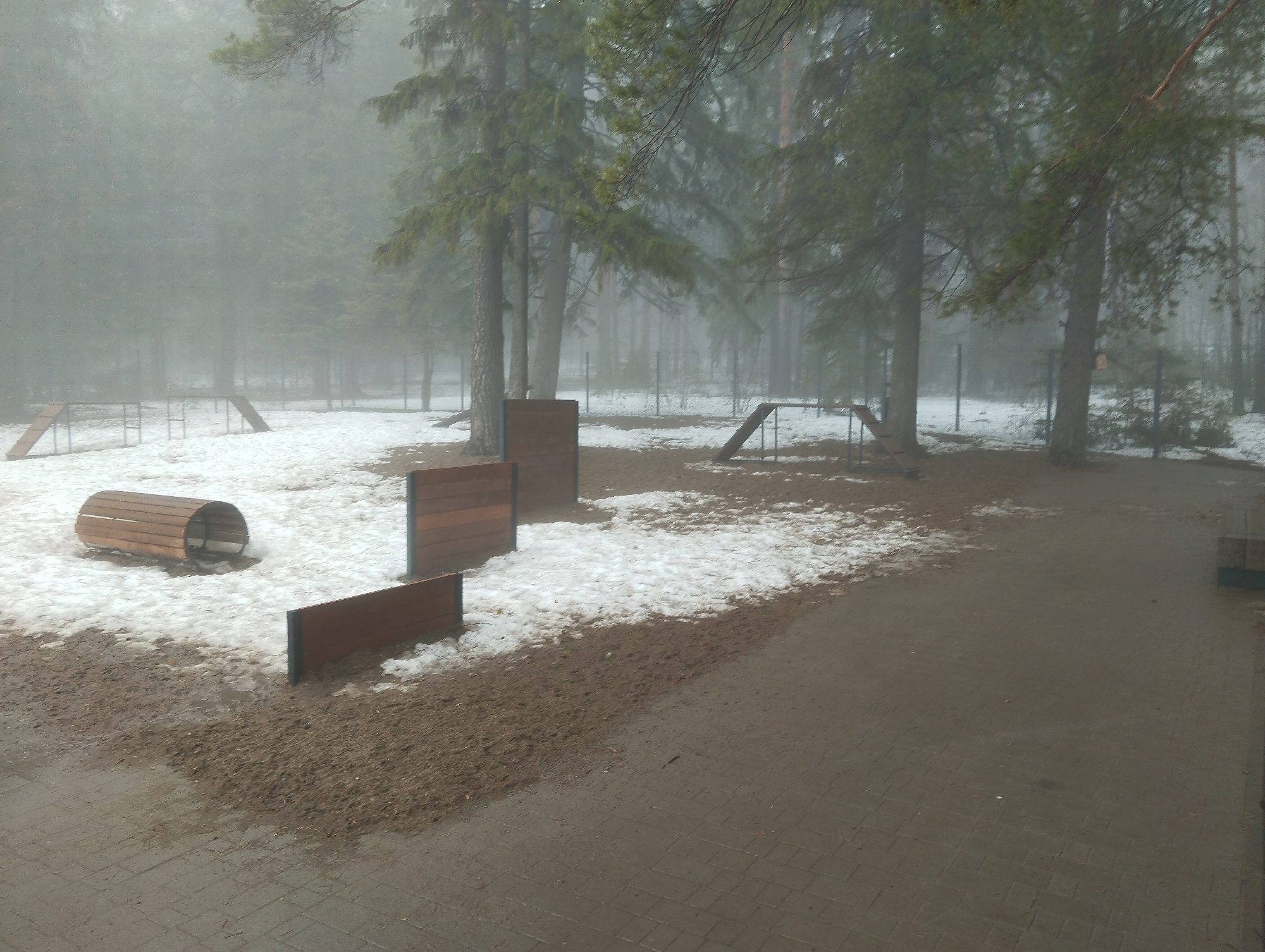 The image depicts an outdoor training area for dogs in Votkinsk, Russia, on a foggy or misty day. Patches of melting snow are scattered across the area, which includes various dog agility equipment. Visible equipment includes a low tunnel, sets of weave poles, and A-frame obstacles. The ground is a mix of dirt and paving stones. The surrounding environment features tall pine trees, further obscured by the fog. No people or dogs are visible in the scene.