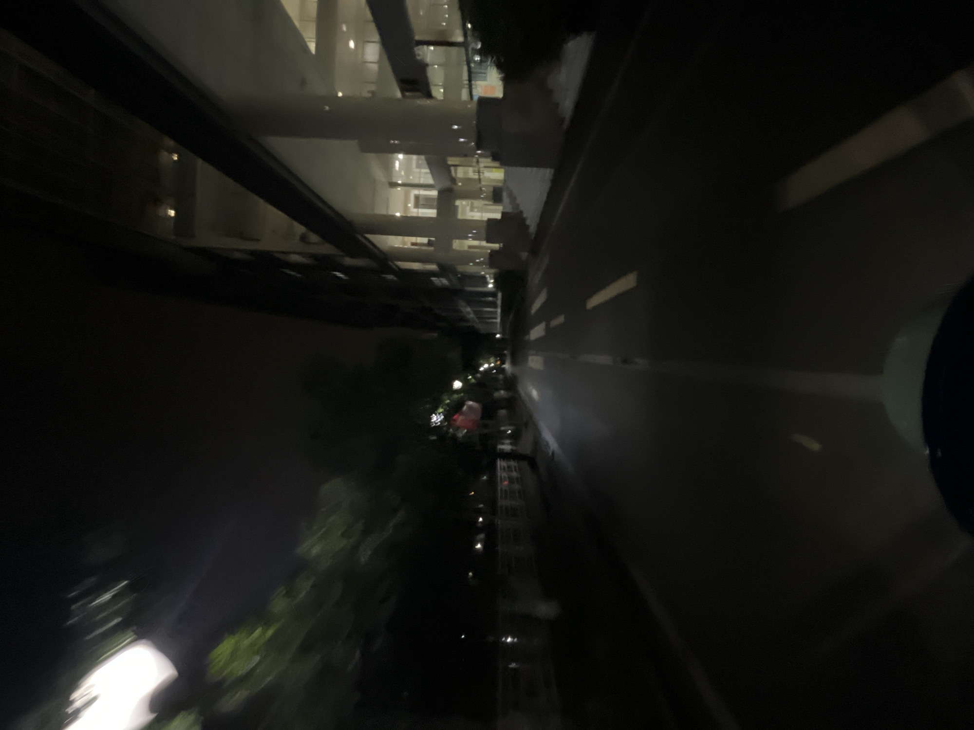 The image depicts a nighttime urban scene captured from a low perspective, likely from a moving vehicle or person, on a paved road in Yuzhong District, China. The road features a solid white line separating traffic lanes on the right side and dashed white lines on the left side, indicating multiple lanes or a shoulder.
On the left side of the road, a dense line of trees with dark foliage is visible, partially obscuring the background. A bright, significantly blurred light source, likely a streetlight, is prominent in the upper left quadrant. Below the trees, a white railing or fence runs parallel to the road, suggesting a boundary next to a different elevation, a body of water, or another pathway.
The right side of the image is dominated by a large, multi-story modern building with a distinct architectural style. It features prominent, cylindrical light-colored support columns at its base and large glass windows revealing an illuminated interior with multiple levels and visible structural elements. A wide set of steps appears to lead up to an entrance area of the building.
The overall environment is dimly lit by streetlights and the internal illumination of the building. The presence of motion blur throughout the image suggests a dynamic capture. No individuals or specific actions are discernible. The foreground shows a slight curvature of a light-colored object, possibly a part of the vehicle or helmet from which the photograph was taken.