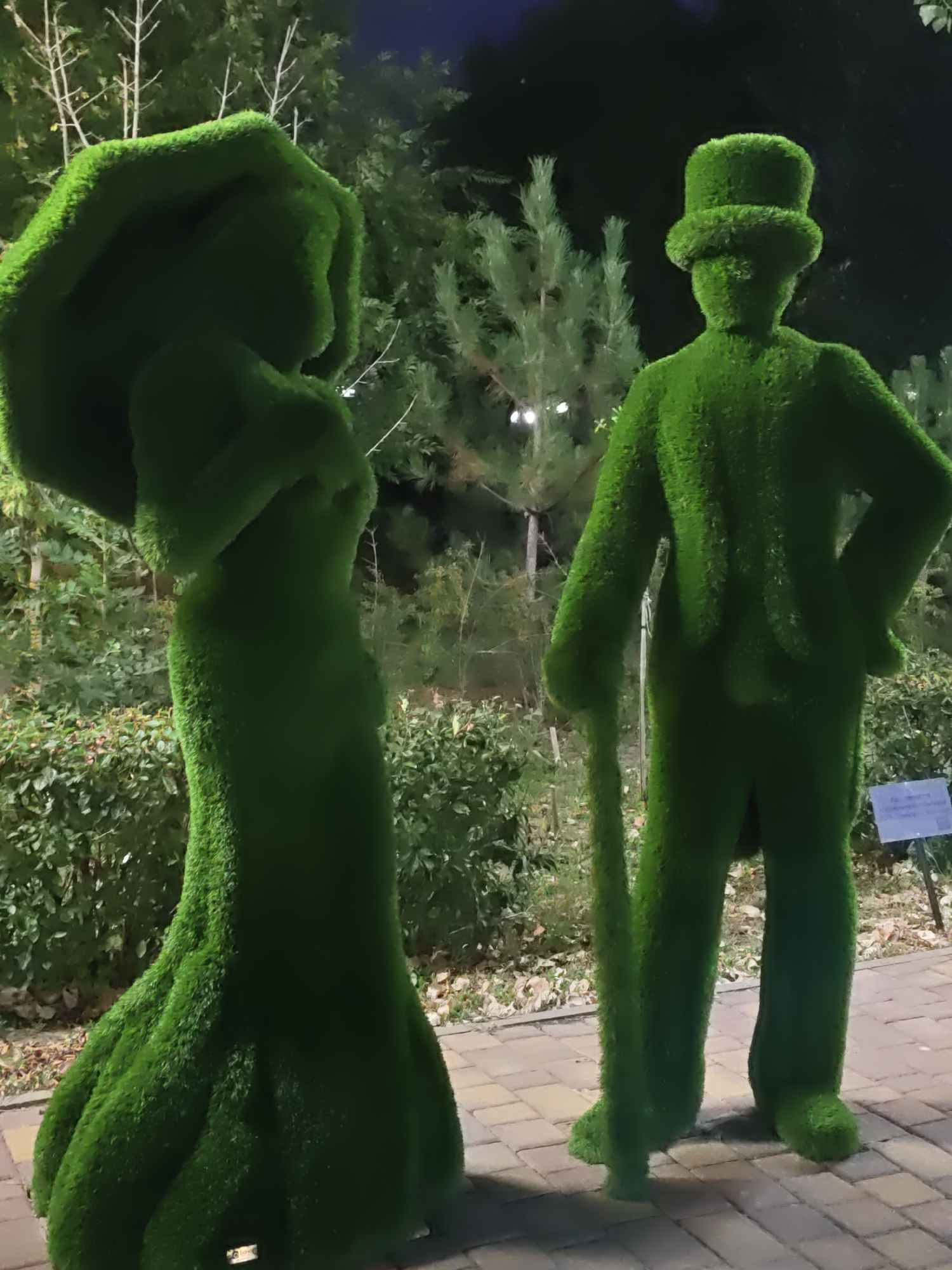 This is a vertical, medium shot photograph of two topiary figures in a park at night. The figures are made of artificial grass and are green in color. On the left is a female figure in a flowing dress and holding an umbrella over her head. The figure on the right is male, wearing a top hat and holding a cane. They are positioned side-by-side. The background consists of dense green foliage, with some pine trees visible. The ground in front of the figures is paved with interlocking bricks. A small sign is visible to the right of the male figure, partially obscured by shadows. The lighting suggests it is evening or night, with artificial lights illuminating the scene. The figures appear to be part of a decorative display in a public space. The location is the Arboretum in Rostov-on-Don, Russia.