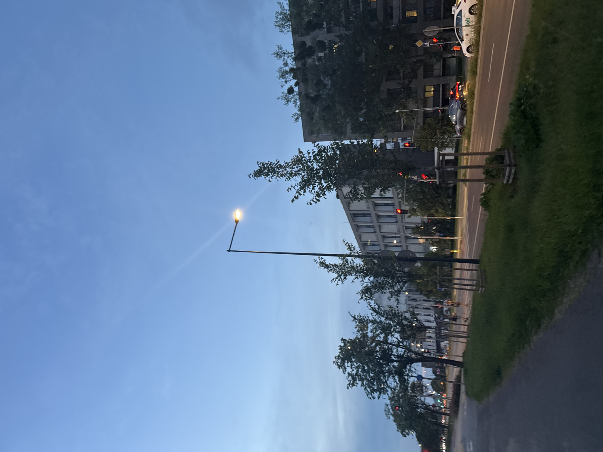 The image captures an urban street scene at dusk in an unknown city. A paved pedestrian path runs along the left side of the frame, bordered by a grassy median strip with young trees protected by wooden frames. The street itself features multiple lanes of traffic, with vehicles visible in the distance. Modern buildings with rectilinear architecture line the right side of the street. Traffic lights are illuminated, showing red signals. A streetlamp with an illuminated light fixture stands prominently in the foreground. In the distance, a white car with "Bolt" branding is parked on the right shoulder, and a dark-colored car is driving in the lane. The sky above is a deep blue, indicating the transition from day to night.