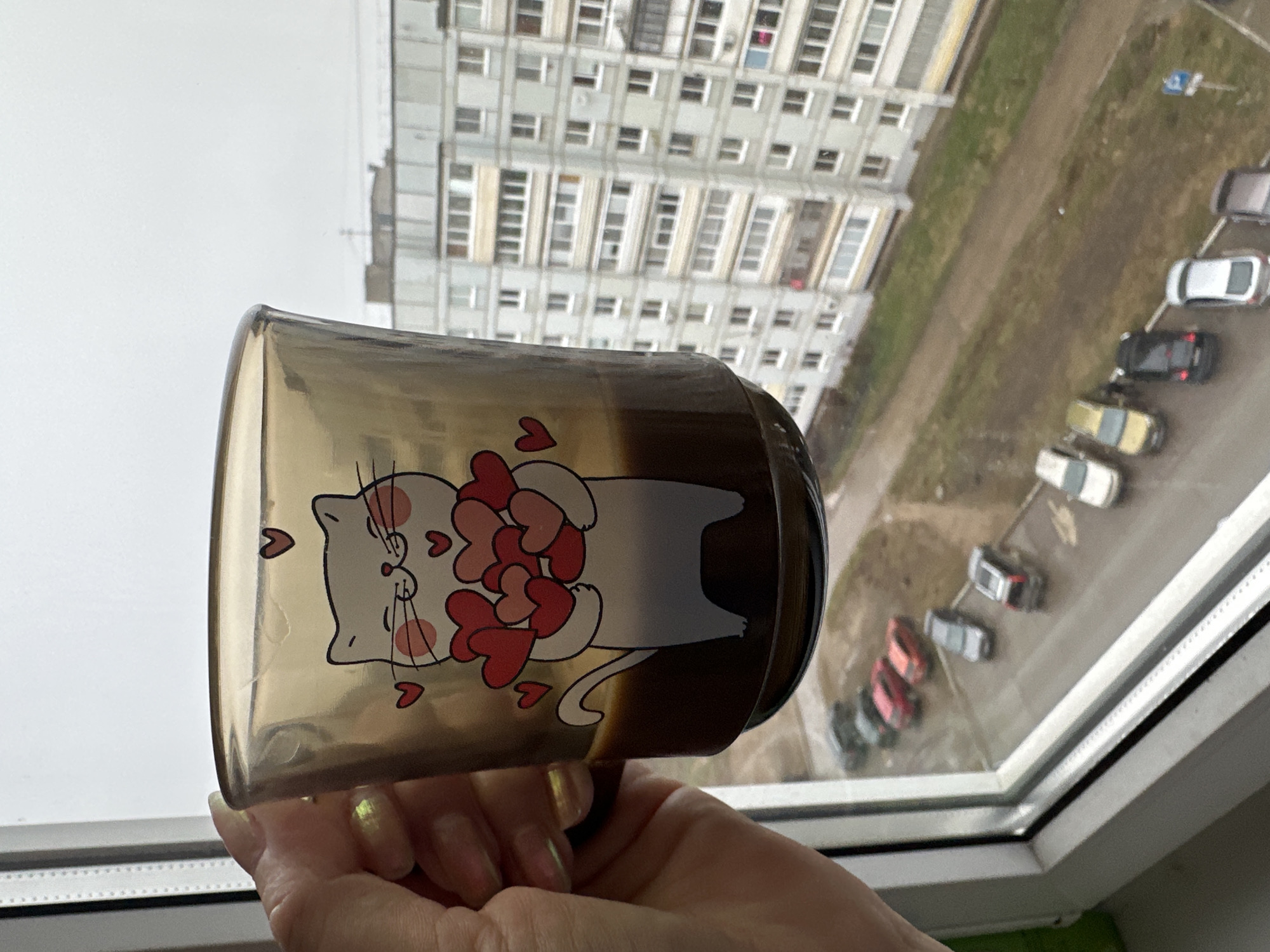A person holds a brown mug adorned with a white cat cartoon holding red hearts near a window. The mug appears full of dark liquid, possibly coffee or tea. Outside the window, a multi-story building dominates the view, suggesting a residential area. The presence of cars parked in a lot below the building indicates an urban setting. The overcast sky suggests the weather may be gloomy.
Based on the multi-story building and the cars parked in rows, the location is plausibly an urban area in Chaikovsky, Russia. However, without additional information or context, it is difficult to determine the precise coordinates or specific address.