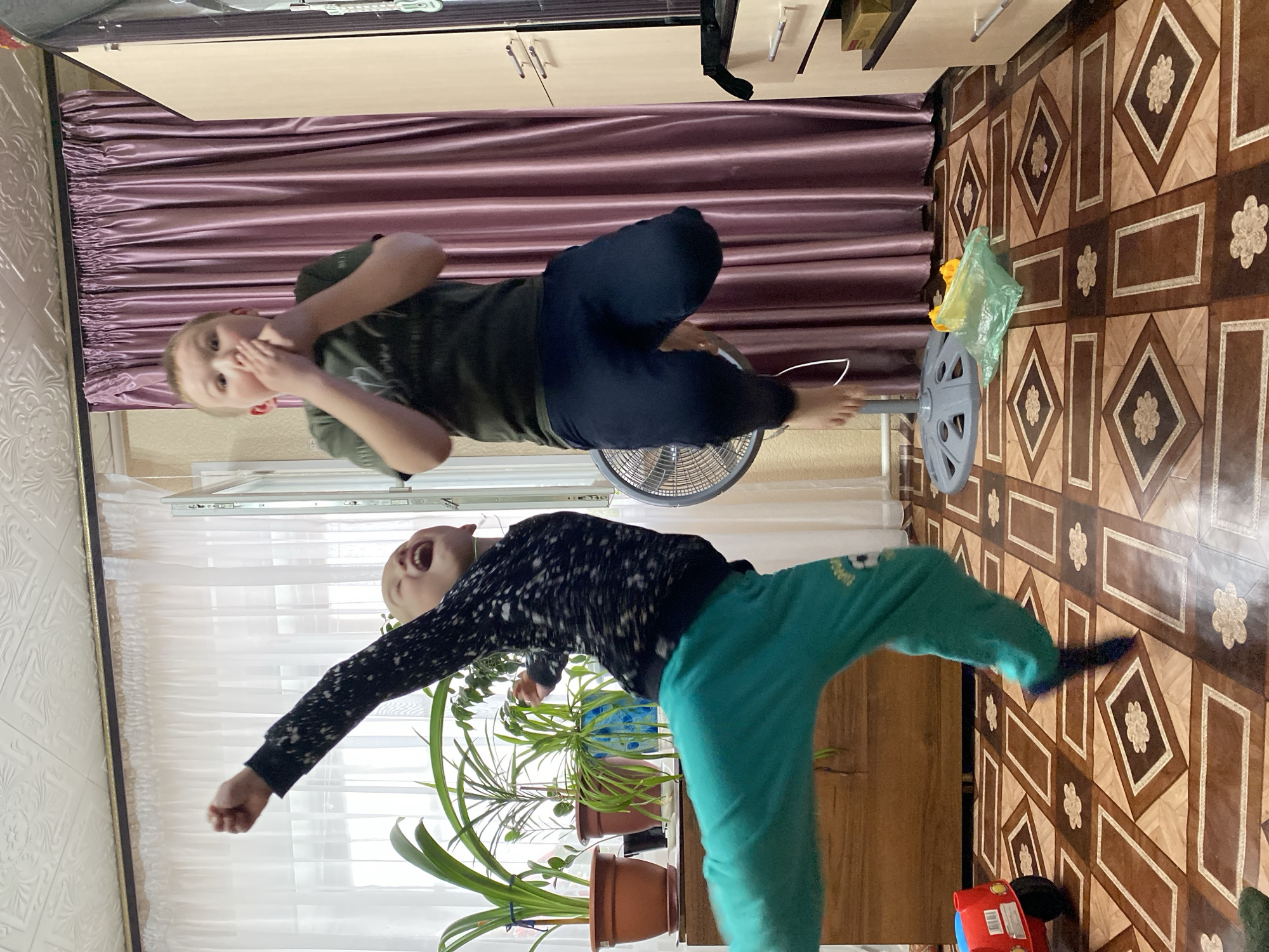 Two boys are in a room in Bely Klyuch, Russia. One boy is lying on a fan wearing a green shirt and navy pants, holding his hands to his face. The other boy is jumping with his right arm raised, wearing a black and white long-sleeved shirt and turquoise pants. There are houseplants in brown pots on a wooden dresser. The floor is brown and patterned. A burgundy curtain hangs on the wall behind the boy on the fan. A red toy car sits on the floor near the jumping boy.