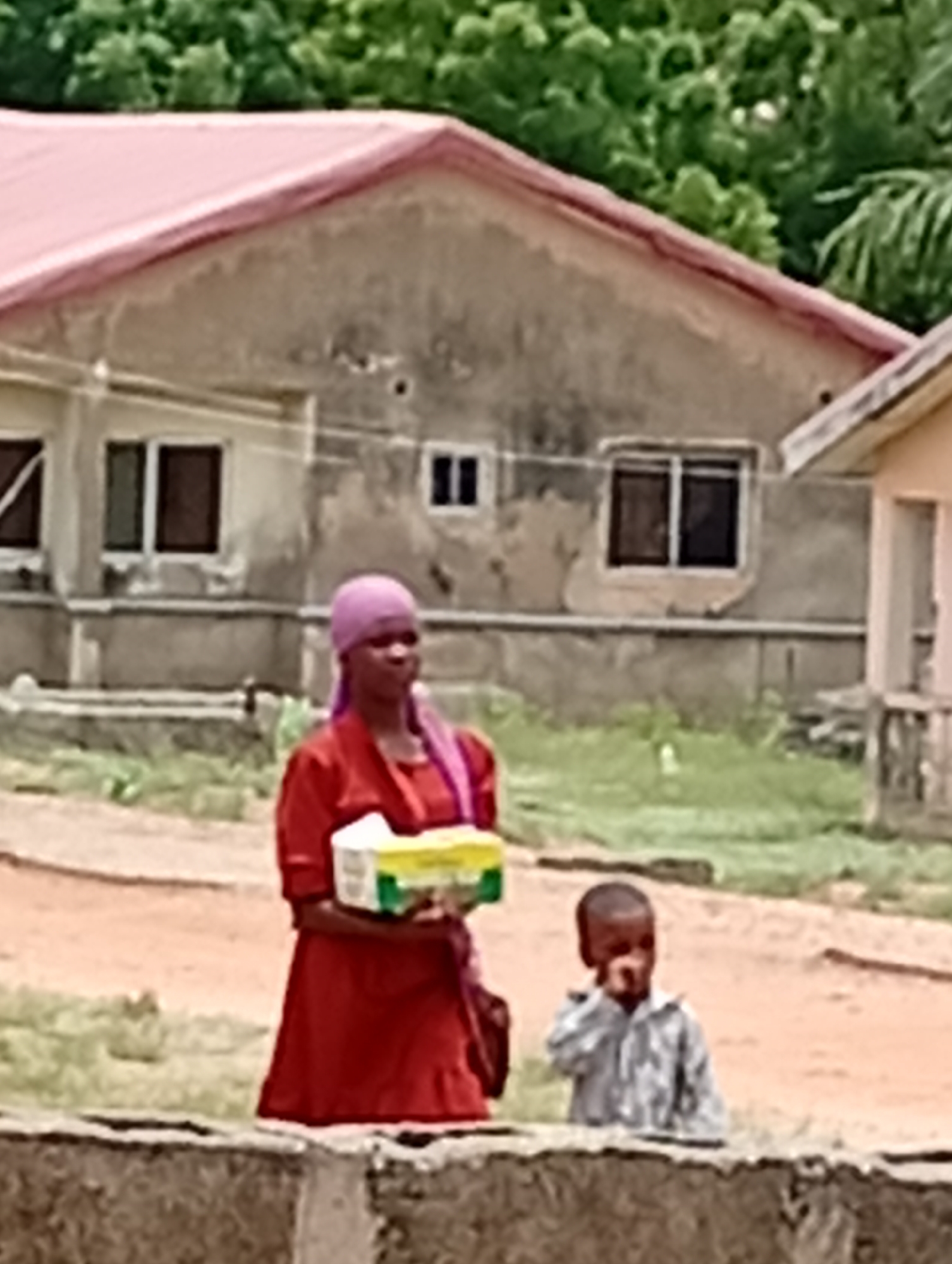 The image depicts a woman in a red dress and pink head covering holding a box, standing near a child in a patterned shirt. The background includes a building with a pink roof and several windows. The scene appears to be outdoors, likely in a residential area in the city of Adankolo, Nigeria. The focus is on the people in the foreground, with the built environment and vegetation providing context.