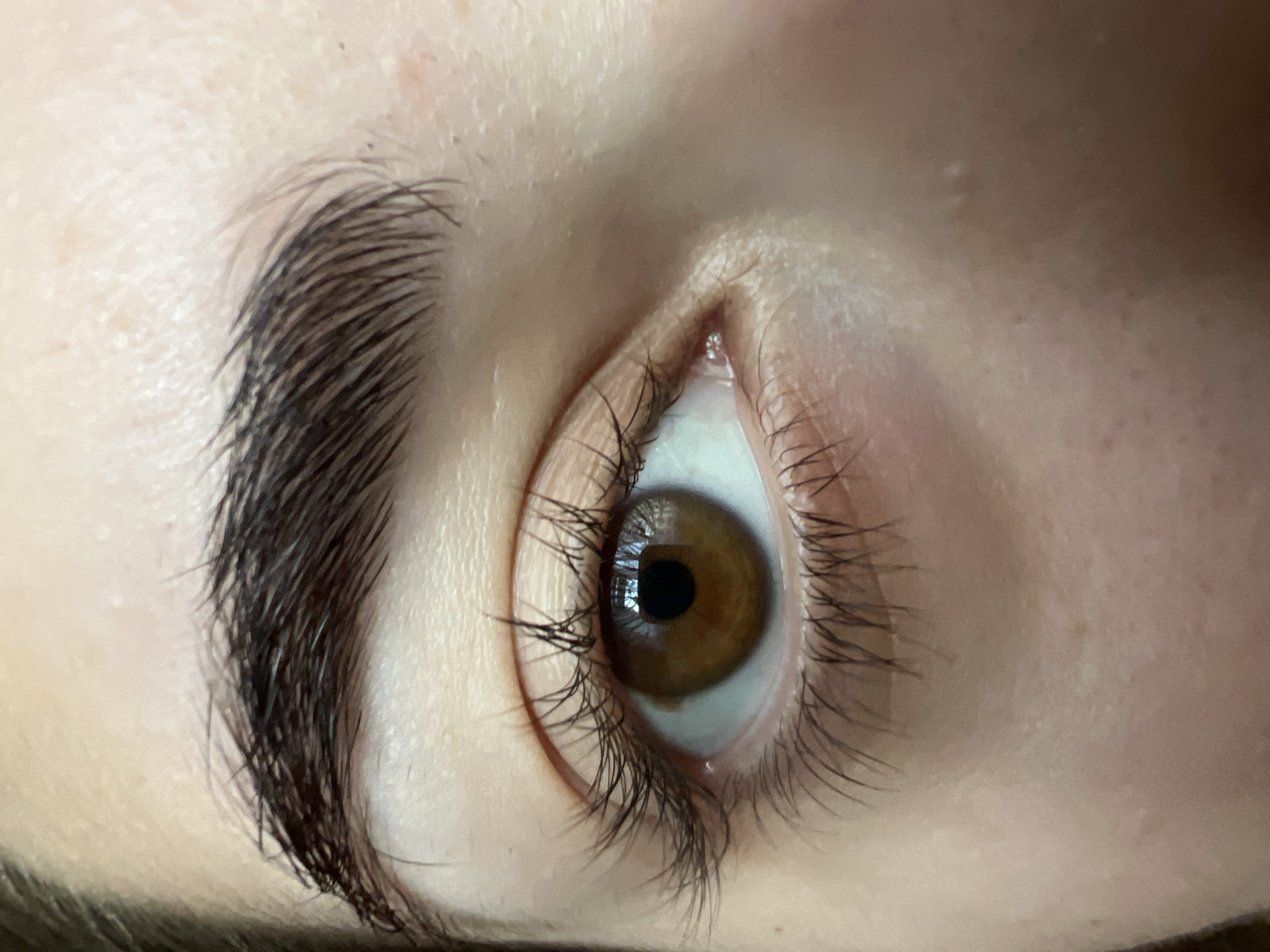 The media file is a close-up, vertically oriented photograph of a person's eye. The eye is open and looking towards the viewer. The iris is a warm brown color, with a dark pupil in the center. Eyelashes frame the eye, appearing dark and somewhat sparse on the upper lid and sparser on the lower lid. A portion of the eyebrow is visible in the upper left of the image; it is dark and well-defined. The skin surrounding the eye is light-toned with some subtle texture and faint marks. The lighting appears to be soft, highlighting the natural contours of the face and the details of the eye. There is no discernible text, weather, or specific environmental context visible in the image itself. The focus is entirely on the eye and immediate surrounding facial features.