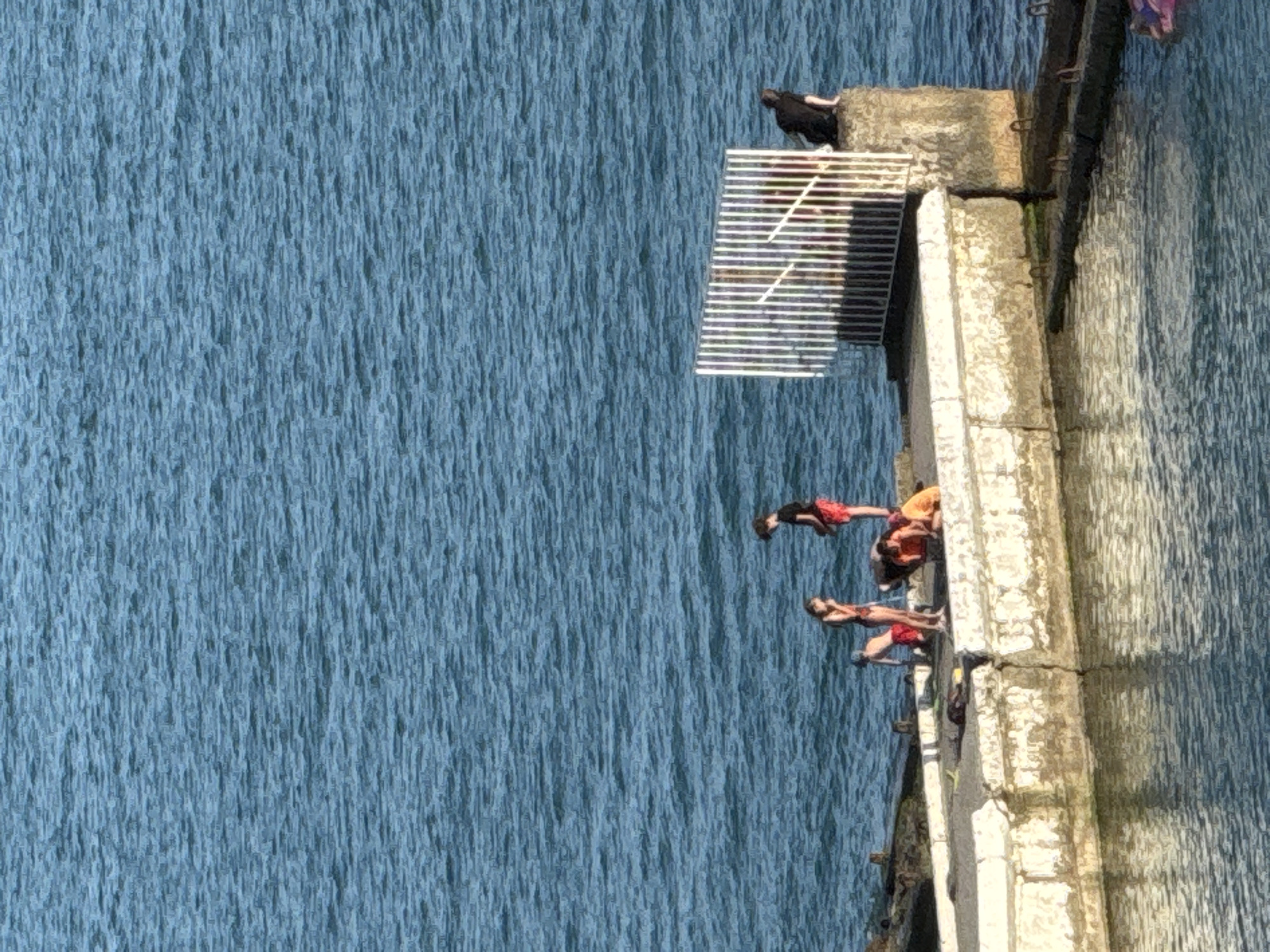 A group of people are gathered on a concrete pier extending into the blue water of the Black Sea. The pier is weathered and cracked in places, with a white railing along the edge. In the background, a white metal structure, possibly a changing room or a decorative element, stands on a separate section of the pier.
Several individuals are visible on the pier:
* Two people are standing near the middle of the pier. One, wearing red shorts and a black shirt, is looking down. The other, in a bathing suit, is looking away from the camera.
* A person in red shorts and a black t-shirt stands on the right side of the pier, facing the water.
* A person in a black garment is seated on a stone structure to the far right of the pier, looking out towards the sea.
* Two people are partially visible in the middle of the pier, one in orange clothing and another in a dark swimsuit.
* A person wearing a light blue cap and red shorts is leaning over the edge of the pier.
* A person in a dark bathing suit is lying on the pier.
The water is calm with a slight ripple. The sky is not visible in the frame, but the lighting suggests it is daytime. This scene is consistent with the coastal areas of Sochi, Russia, known for its piers and public access to the Black Sea.