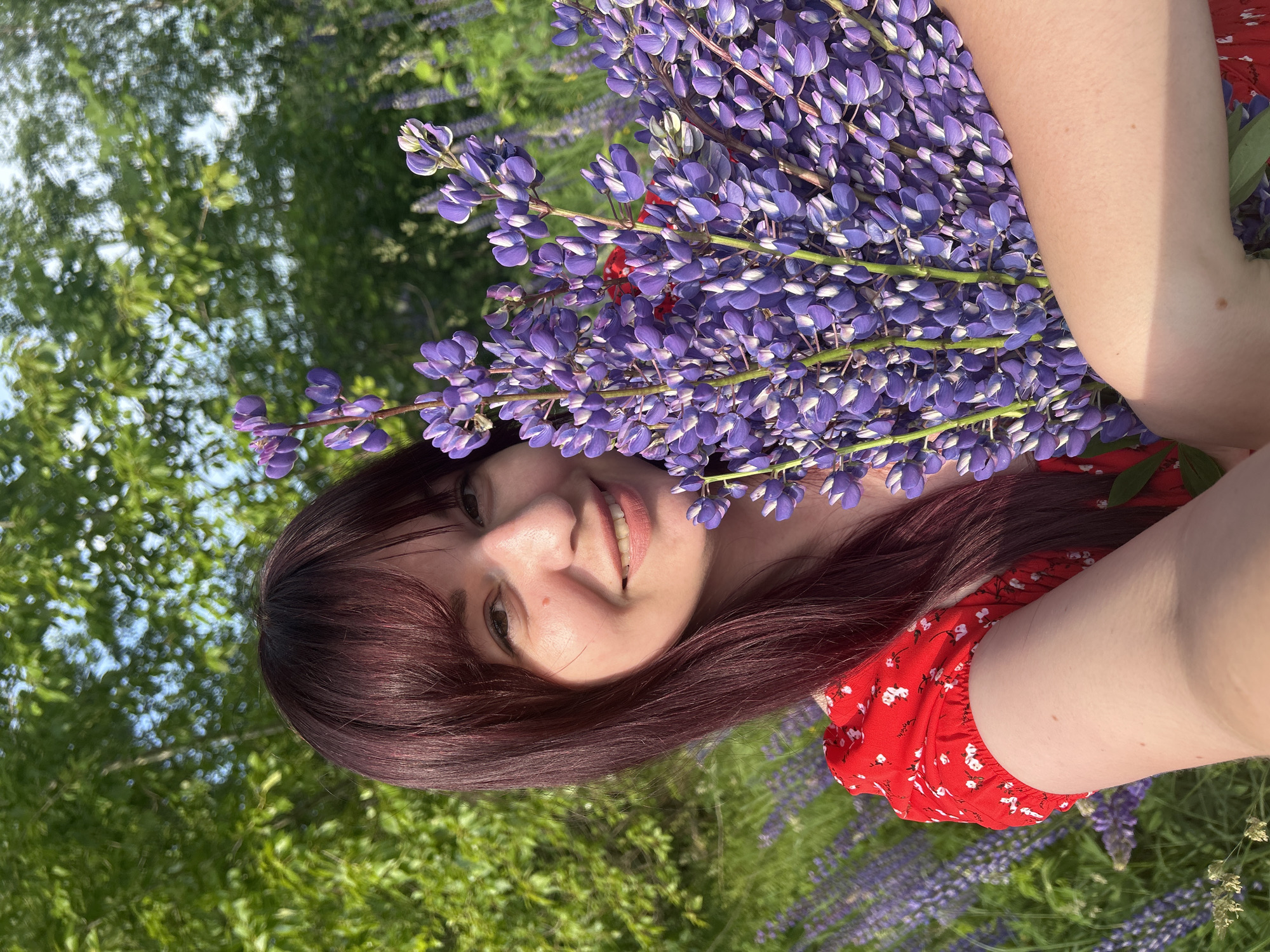 A medium shot shows a young woman with long, dark auburn hair and bangs, smiling as she holds a large bouquet of purple lupine flowers. She is wearing a red dress with white floral patterns. The background is a field of purple lupines with green trees and a bright sky. The image appears to have been taken outdoors on a sunny day in a natural setting, possibly a meadow or park. The location is identified as Garevaya, Russia.
