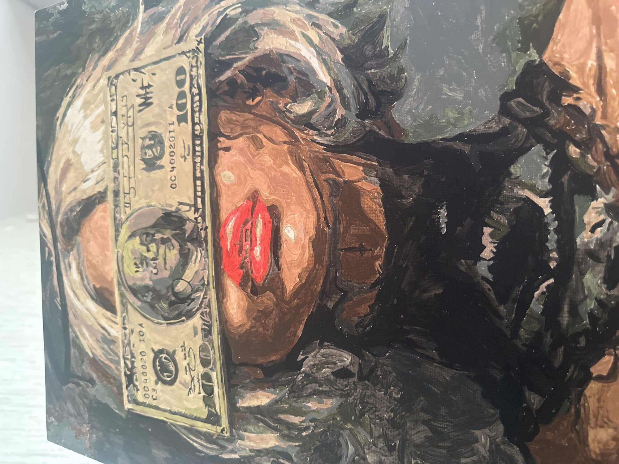 This is a close-up shot of a painting, focusing on the face of a person. A one hundred dollar bill is obscuring part of the person's face. The person has red lipstick and appears to be wearing dark clothing. The painting is done in an impressionistic style, with visible brushstrokes and muted colors. The environment is undefined and abstract. The city of Высокий, Russia is not relevant to the image content.