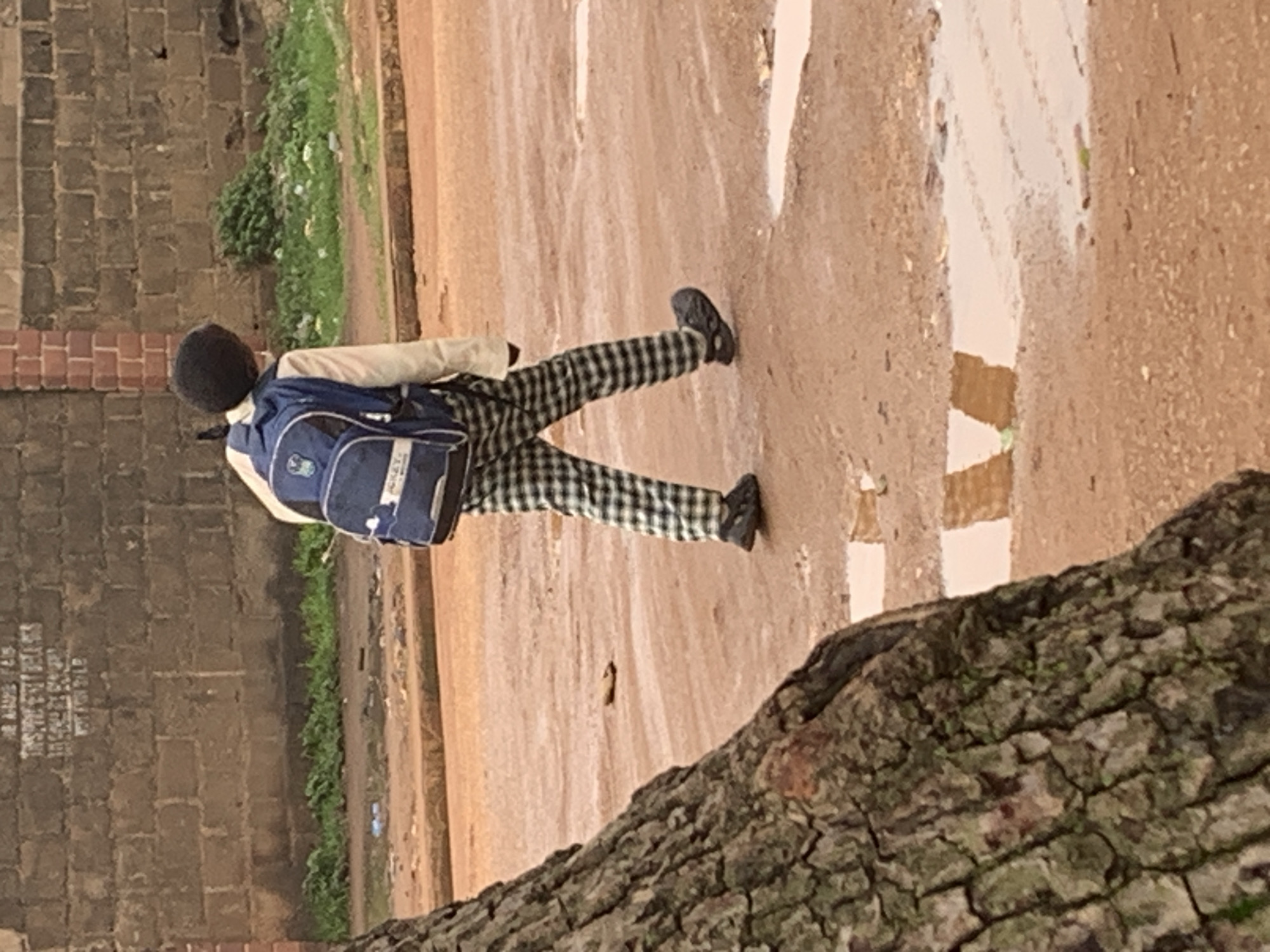 A young person with dark hair, wearing a light-colored shirt, black and green checkered pants, and black slip-on shoes, walks on a wet, reddish-brown dirt road in Bukuru, Nigeria. The person is carrying a blue backpack with white and blue accents. The road has several puddles reflecting the overcast sky. In the background, a brick wall with some graffiti is visible, along with sparse green vegetation and discarded litter. A large tree trunk with rough bark occupies the left foreground of the image, partially obscuring the scene.