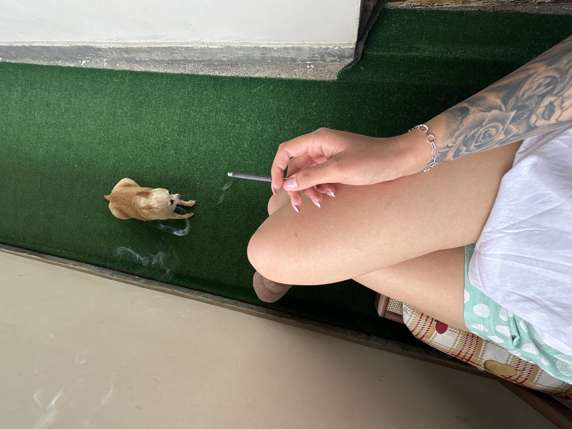 A woman is sitting on a chair outdoors, with her legs crossed. She is wearing a white t-shirt and mint green shorts with white polka dots. Her right hand is holding a lit cigarette, with smoke rising from it. She has a silver bracelet on her left wrist and a tattoo of a rose on her left arm. Next to her, a small tan chihuahua is standing on a green, artificial turf surface. The background consists of a beige wall on the left and a white structure on the right. The scene appears to be on a balcony or patio.