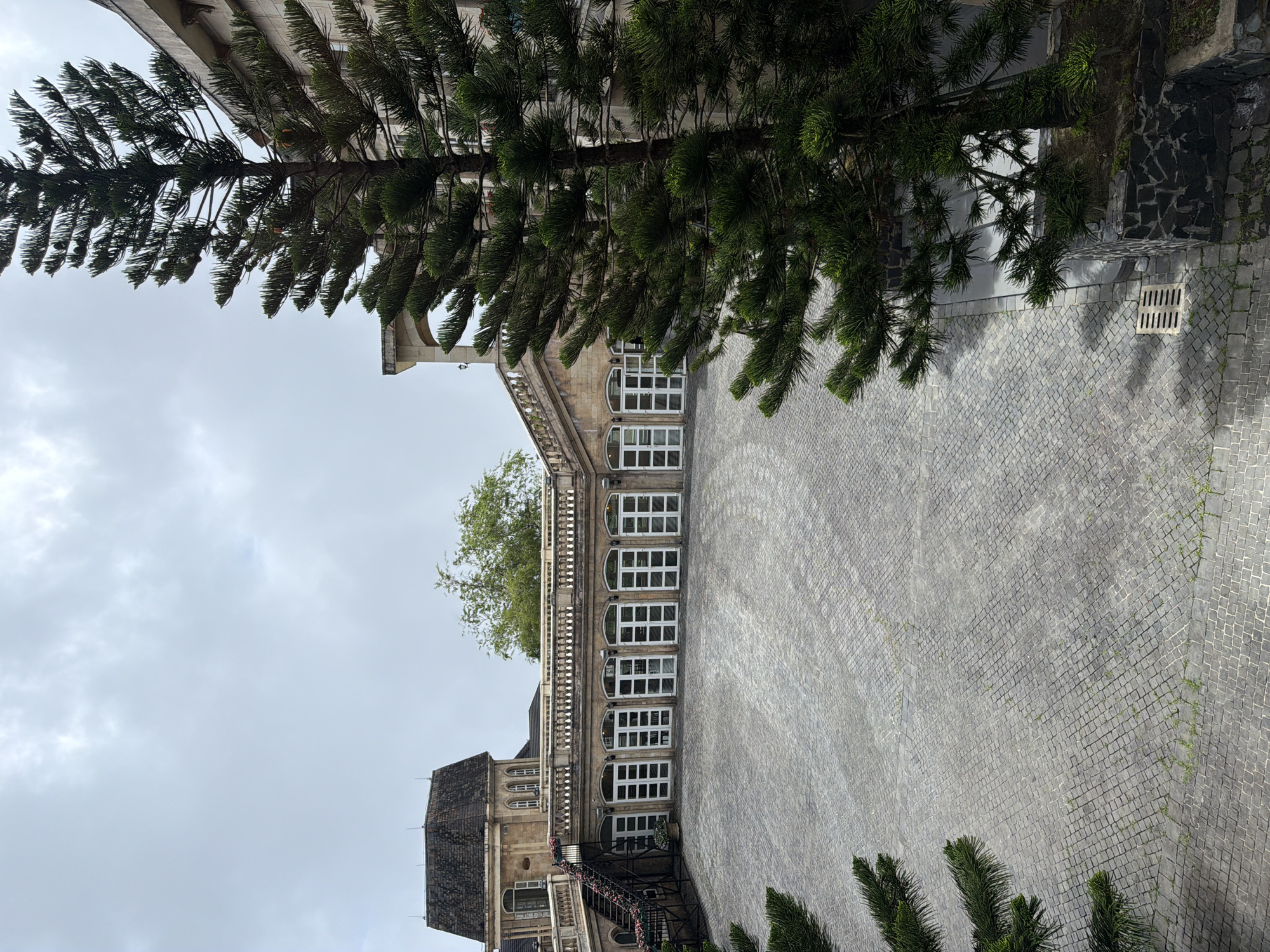 This image depicts a courtyard area in front of a building with French colonial-style architecture, possibly in Đà Nẵng, Vietnam. The courtyard is paved with cobblestones and features a large pine tree on the right side of the frame. In the background, a multi-story building with a dark, octagonal roof and large arched windows is visible. The building also has a stone facade and a balustrade along the upper level. The sky is overcast and cloudy. No people are visible in the scene.