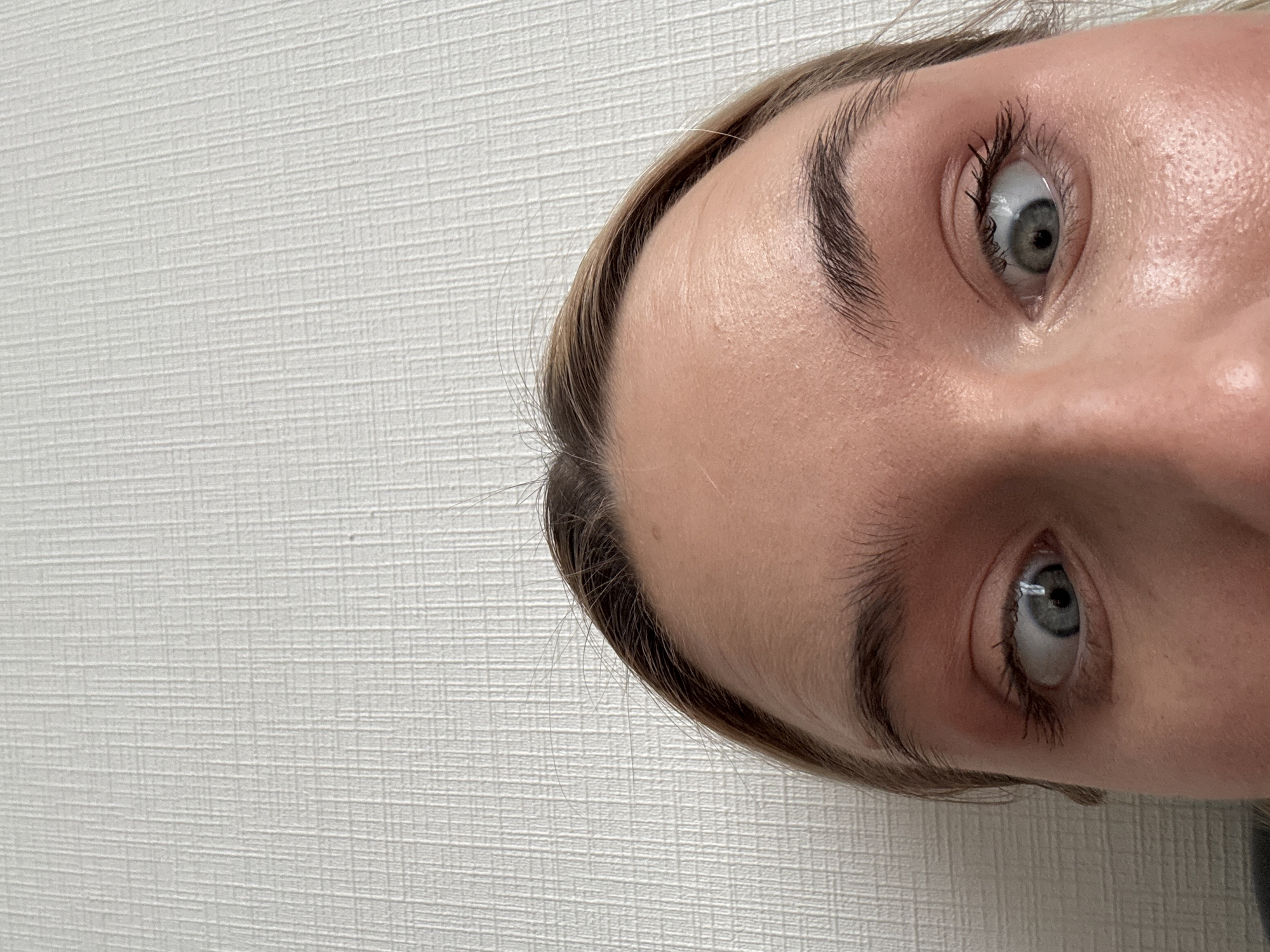 A close-up, partially inverted image shows the upper portion of a person's face. The focus is on the eyes, eyebrows, and forehead. The person has fair skin, light brown hair at the hairline, and gray eyes. The eyebrows are dark and well-defined. The background is a textured white surface. The image does not depict any specific location within the city of Vsevolozhsk, Russia.