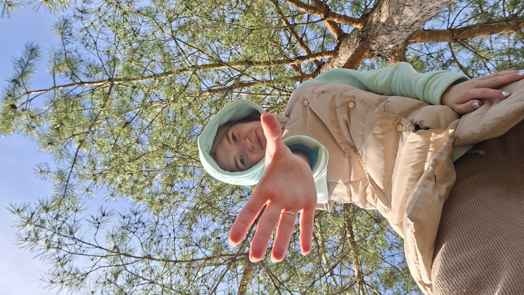 A low-angle, point-of-view shot captures a young person reaching out with their hand towards the camera, set against a clear blue sky and the dense foliage of pine trees. The primary subject is a young woman, positioned in the upper center, looking down towards the viewer with a subtle smile. She has light-colored hair and is wearing a light blue or mint green hooded sweatshirt under a beige or light brown puffer jacket with visible button closures.
Her right hand is prominently extended towards the camera, creating a sense of direct interaction. A simple gold-colored ring is visible on the ring finger of her outstretched hand. Her left hand rests casually on her jacket. The background consists of numerous pine branches with green needles and visible brown bark, indicating a wooded area. Patches of bright blue sky are visible between the tree branches. The lighting suggests a clear, sunny day, casting some soft shadows. The overall mood appears friendly and inviting. The setting is outdoors, likely in a forest or park, in Большой Букор, Russia. No visible text is present in the image.