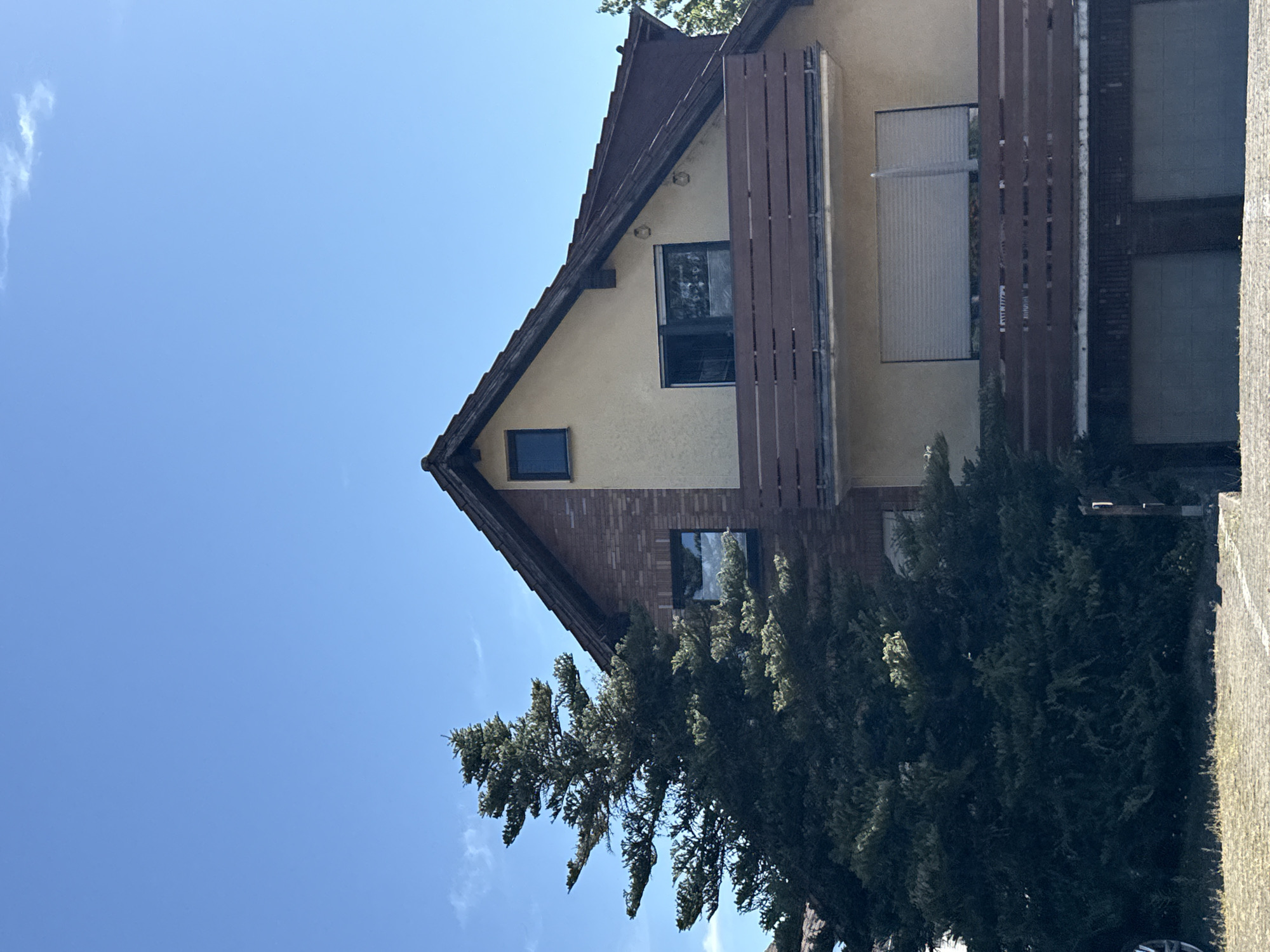 The image shows a residential building with a pitched roof covered in dark tiles. The upper facade is a mix of light-colored stucco and red brick. A dark-colored balcony with horizontal wooden railings runs across the upper level. The balcony has at least two windows visible, one with a darker frame and another with a lighter frame. A smaller, dark-framed window is present higher up on the brick section of the building. Below the balcony, a roller shutter covers a window or door opening. The lower part of the building shows what appears to be a garage with two large garage doors. A large, dense evergreen tree with dark green foliage is prominently positioned to the left of the building, partially obscuring it. The ground in front of the house appears to be a paved driveway or parking area. The sky above is a clear, bright blue with a few wispy clouds. The image was taken in the city of Bad Sachsa, Germany.