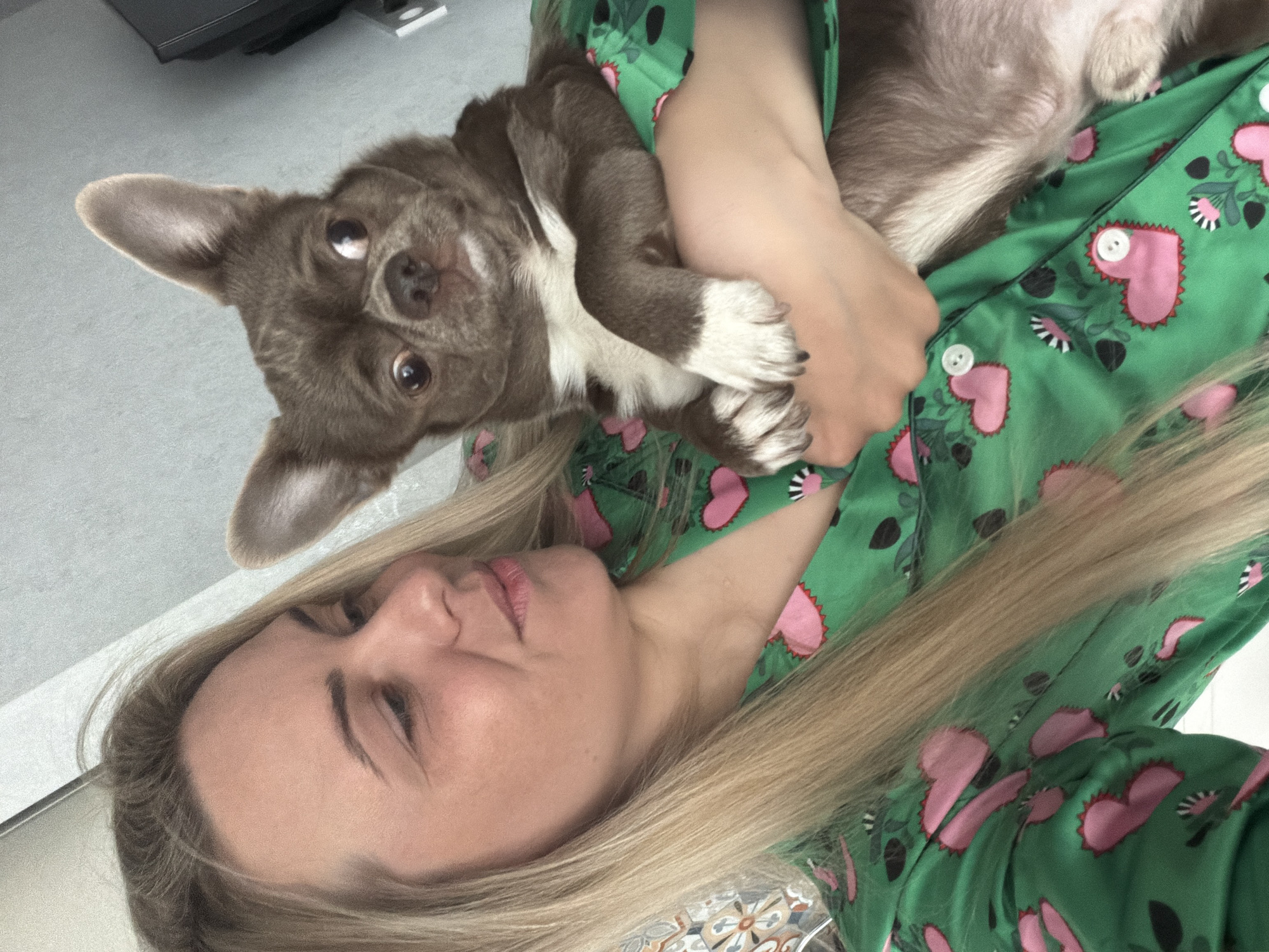 An indoor, overhead shot captures a blonde-haired woman holding a small, brown and white dog in what appears to be a cozy, domestic setting in Votkinsk, Russia. The image is taken at an angle, with the subjects seemingly lying down or leaning back.
The woman, with long, straight blonde hair framing her face, has light skin and wears subtle makeup, including pink lipstick. She looks towards the camera with a calm, relaxed expression, her lips slightly parted. She is wearing a vibrant green shirt, likely part of a pajama set, adorned with a repeating pattern of pink hearts with jagged white borders, and stylized black and white floral motifs.
Cradled in her arms is a small, short-nosed dog, possibly a French Bulldog, with chocolate brown fur and distinctive white markings on its chest and paws. The dog gazes intently upwards towards the camera with large, expressive eyes, its ears perked. Its body is nestled comfortably against the woman's chest.
The background is simple and light-colored, suggesting a minimalist interior, possibly a floor or wall, with a dark, indistinct object visible in the upper left corner. The overall mood of the image conveys affection and comfort between the woman and her pet. There is no visible text in the image.