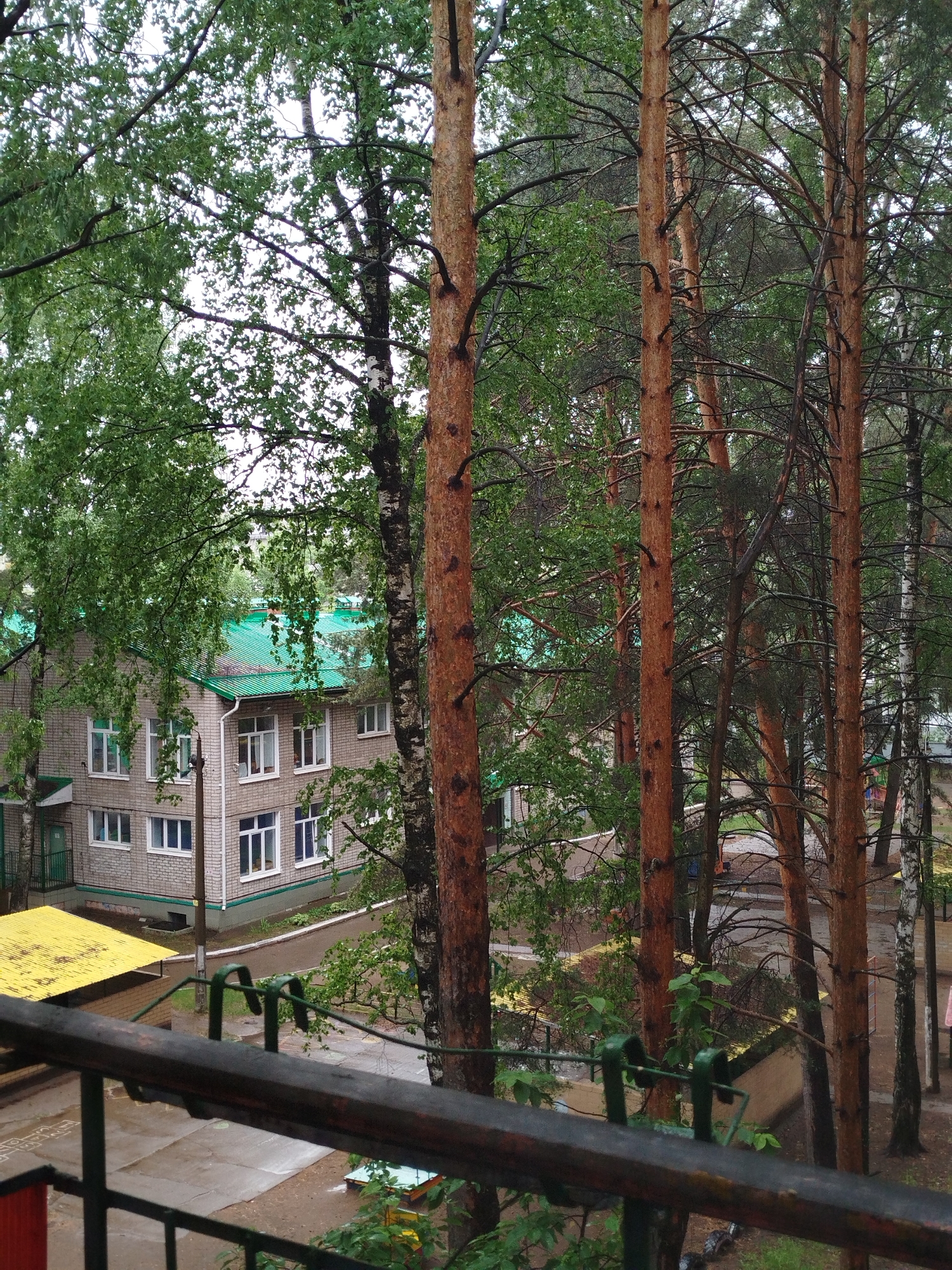 View from a balcony overlooking a residential scene in Unknown, Unknown. A two-story brick building with a green roof is visible through trees. A yellow shelter is in front of the building. The view is framed by dark green metal balcony railings. Several tall, thin trees with brown trunks are present. The ground is wet, indicating recent rain.