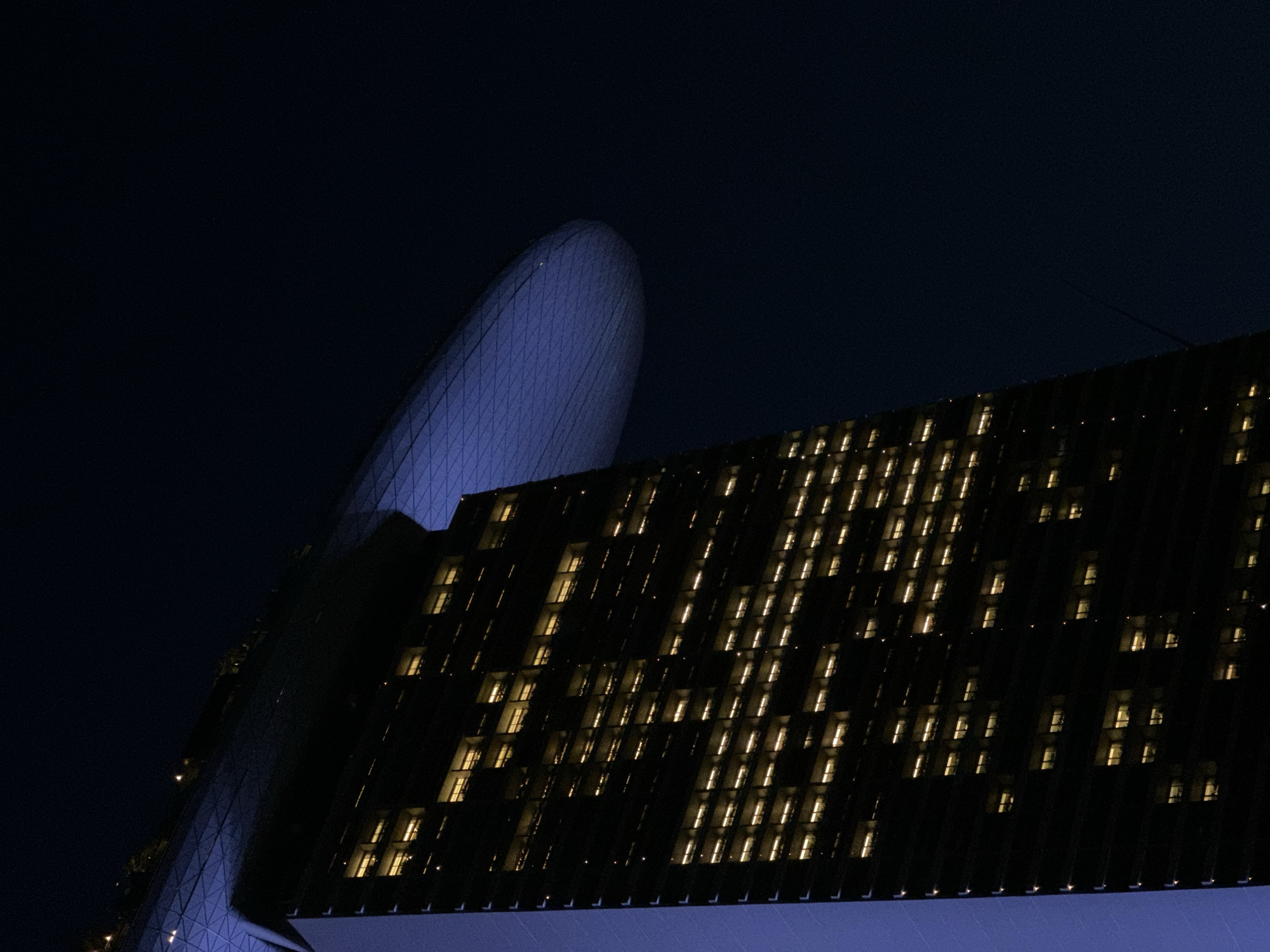 The image captures a close-up, low-angle view of the Marina Bay Sands hotel in Singapore at night. The skyscraper's dark facade is punctuated by rows of glowing windows, suggesting occupancy. The iconic infinity pool and observation deck, a broad, boat-shaped structure, is illuminated with a cool blue light and is positioned at the top of the three towers. The background is a deep, dark night sky. The overall impression is one of modern architecture set against the nocturnal cityscape of Singapore.