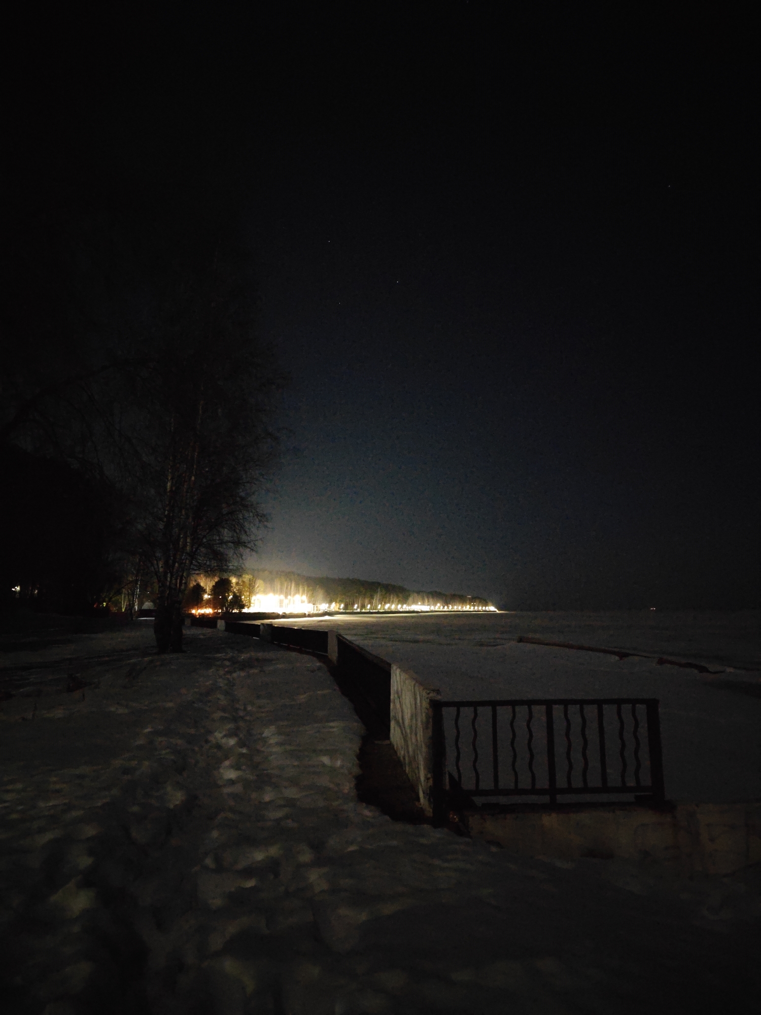The image depicts a nighttime scene in Chaikovsky, Russia, featuring a snow-covered landscape along a waterfront. In the foreground, a snow-covered path leads along a concrete structure with a dark railing. A bare tree stands to the left of the path. In the background, a line of lights illuminates a distant shoreline. The sky is dark, with a few visible stars. The overall scene is dimly lit and appears cold and quiet.