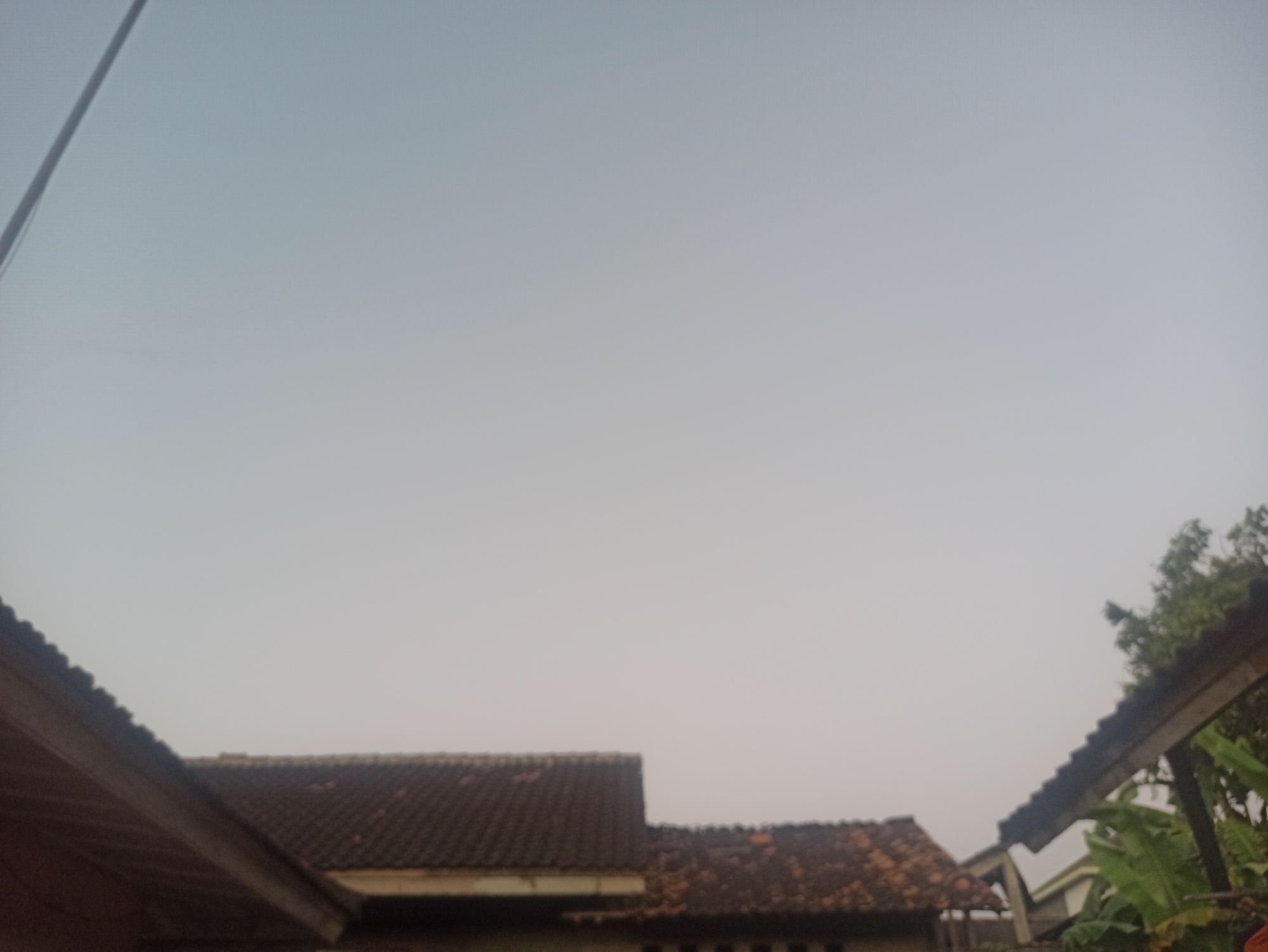 The image captures a view of rooftops and the sky, potentially from Tuba, Indonesia. In the foreground, two prominent rooftops with tiled surfaces are visible. The left roof is partially obscured, showing a dark-colored, textured surface. The right roof is also tiled with a darker hue, with visible gaps between some tiles. Beyond these structures, the sky is a pale, overcast gray. To the far right, lush green foliage, possibly from trees and banana plants, protrudes into the frame, suggesting a tropical environment. A thin, dark pole or wire extends vertically from the upper left corner of the image, contrasting with the soft tones of the sky and rooftops. The overall scene appears to be an outdoor setting, likely in a residential area, under a diffused sky.