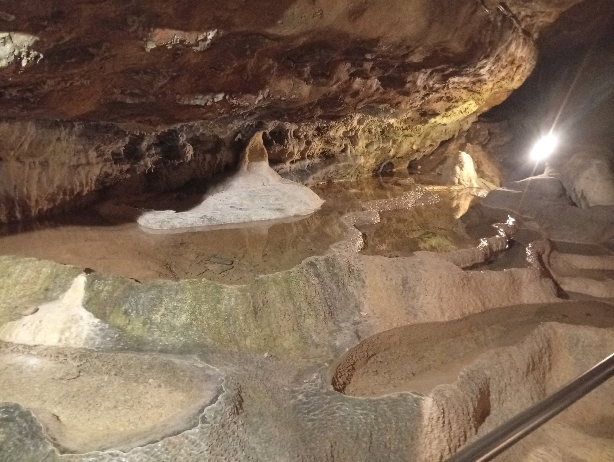 The image shows a cavern with formations of rock and water. In the center of the image, there is a pool of water with a light-colored stalagmite rising from it. The cavern walls are rough and textured, with some areas appearing damp or wet. There are also visible rock formations on the ceiling of the cavern. A bright light source is visible in the upper right portion of the image, illuminating the scene and casting shadows. A metal railing is visible in the lower right corner of the image, suggesting a pathway or viewing area for visitors. The overall impression is one of a natural underground environment. This image likely depicts the Grotte de la Balme in Rillieux-la-Pape, France, a well-known cave system.