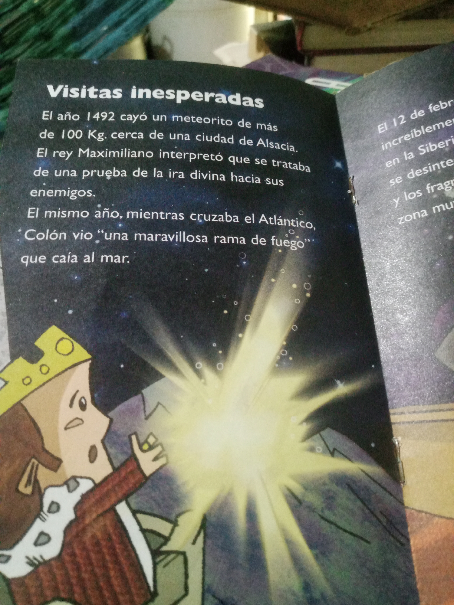 The image is of an open book with text and an illustration. The left page has a title "Visitas inesperadas" (Unexpected Visits) followed by Spanish text describing a meteorite falling in 1492 near Alsace, which King Maximiliano interpreted as divine wrath. It also mentions that in the same year, Columbus saw a "marvelous fireball" fall into the sea. The illustration on this page depicts a cartoon king with a crown, looking surprised and pointing at a bright, star-like object in a dark, starry sky. The right page has text that begins "El 12 de febr" (The 12th of Febr) and mentions something incredible in Siberia. There is no information in the provided text or image that connects it to Santa Ana, Venezuela.