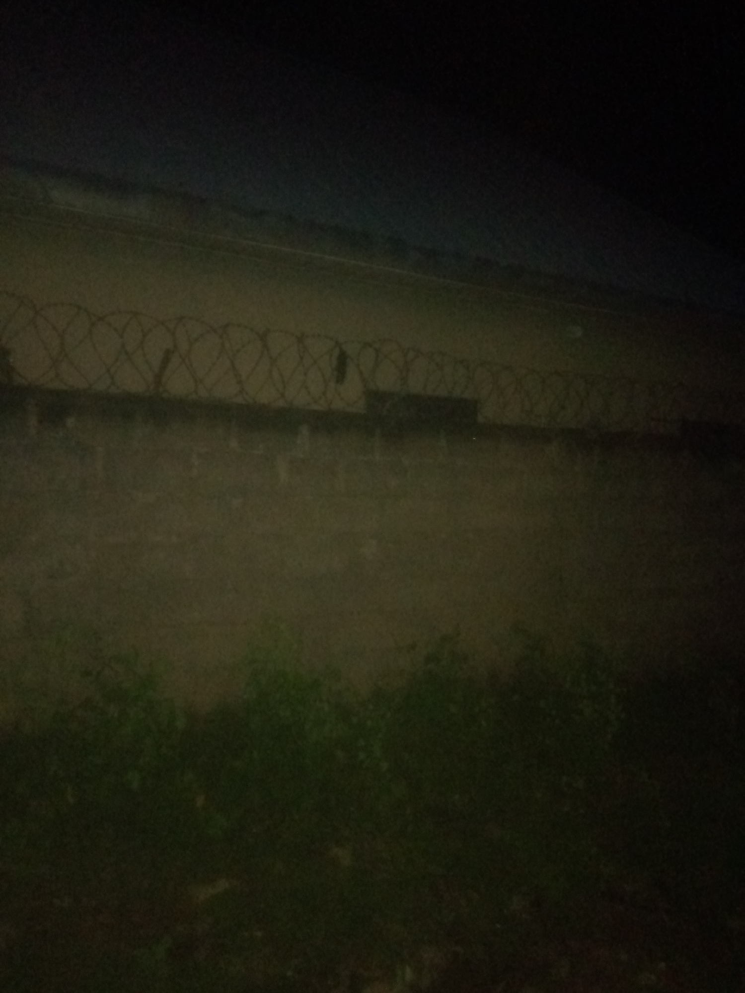 In the city of Unknown, Unknown, a dark, grainy image captures a wall topped with barbed wire. The wall appears to be made of concrete blocks, and the barbed wire is a tangled deterrent. In the foreground, dark vegetation, possibly bushes or grass, is visible, creating a shadowy contrast with the lighter wall and sky. The overall lighting suggests it is nighttime or a very dimly lit area, with a gradient of darkness from the top of the frame downwards.