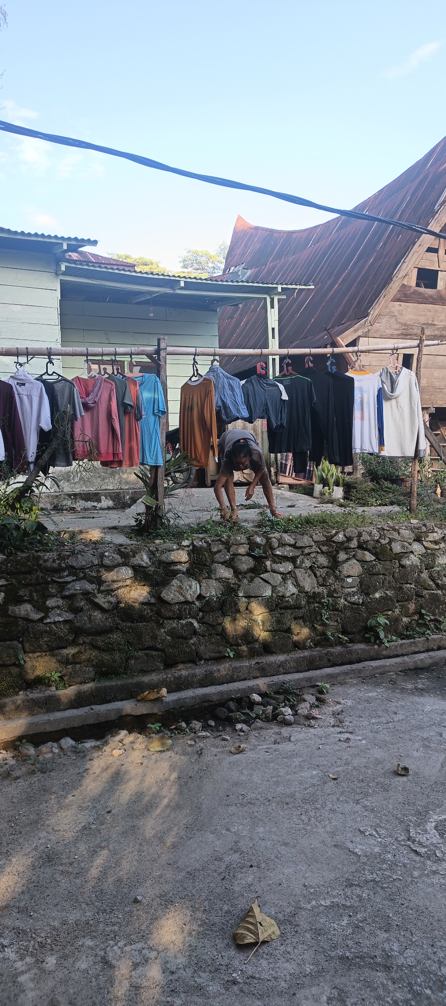 In Cinta Dame, Indonesia, a person is seen bending over while tending to plants growing along a low, stone-walled embankment. Above the embankment, a clothesline is strung horizontally between wooden poles, laden with various colorful garments drying in the sun. In the background, a pale green building with a corrugated metal roof is visible, along with a wooden structure with a rusty, sloped roof. The scene is set outdoors, with a clear blue sky overhead and shadows cast on the concrete ground.