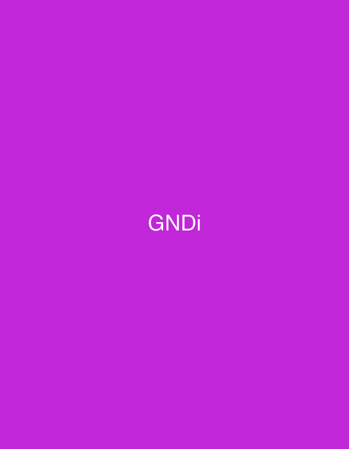 The image displays a uniform, solid magenta background. Centered on this background is the text "GNDi" rendered in white, sans-serif capital letters, with a lowercase 'i'. The graphic contains no other subjects, objects, people, actions, interactions, or discernible environmental features, presenting as a minimalist digital graphic. There are no visual elements within the image that indicate a physical location, city, or country, including Casablanca, Morocco.