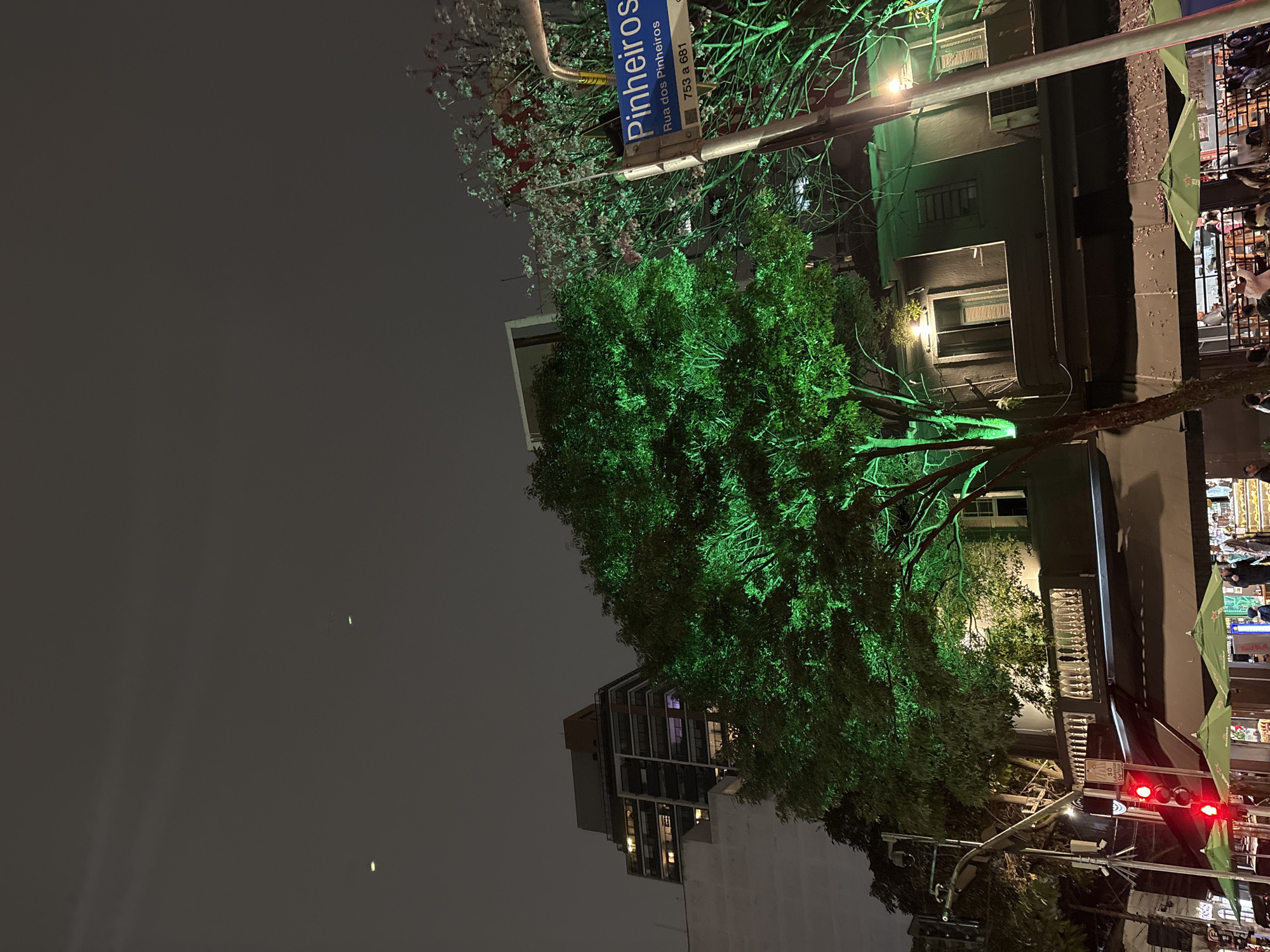 The image depicts a nighttime street scene in São Paulo, Brazil, with a prominent tree illuminated in vibrant green. To the right, a street sign reads "PINHEIROS" and "Rua dos Pinheiros". In the background, a tall building with lit windows is visible. The street level shows a building with a balcony, awnings, and outdoor seating areas with green umbrellas, suggesting a commercial establishment like a restaurant or bar. Several people are present, appearing to be patrons or passersby. A traffic light displays a red signal. The overall atmosphere is urban and lively, despite the late hour and the dark sky.