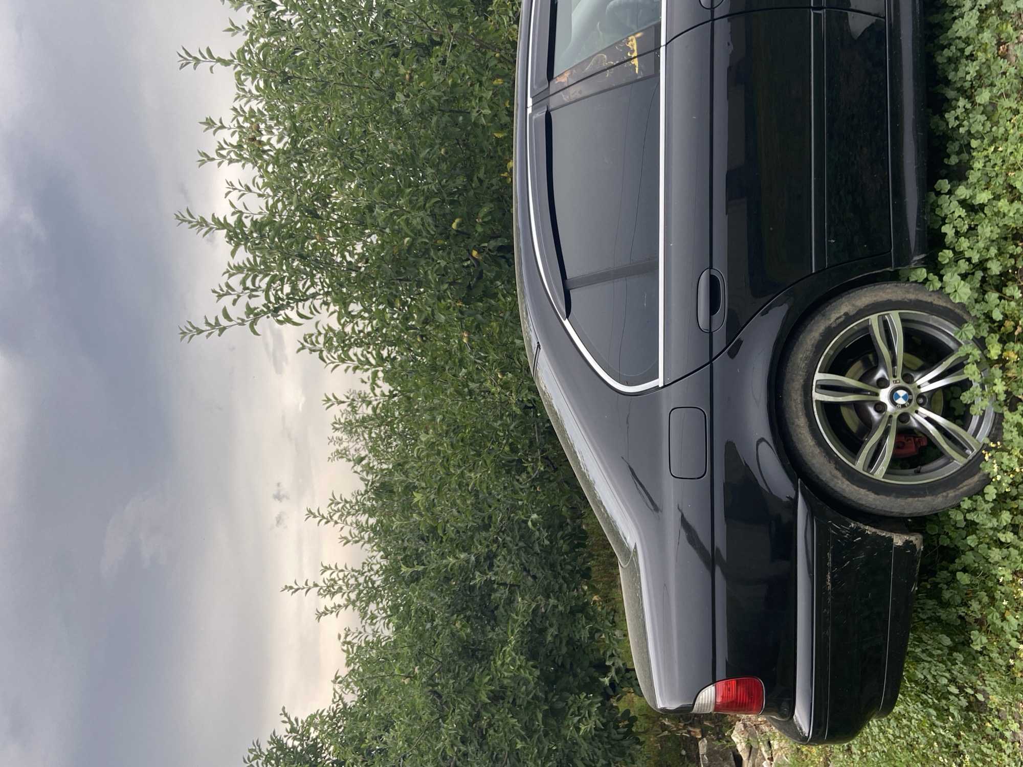 A black sedan is parked on the side of a road, with lush green trees and bushes behind it. The sky is overcast and cloudy. The car is seen from the side, with its rear tire and part of its body visible. The car appears to be dirty, with mud splatters on the lower body panels and the rear bumper. The wheels are silver alloy rims with red brake calipers. The trees are dense and leafy, suggesting a rural or suburban setting. The grass below the car is green and overgrown.