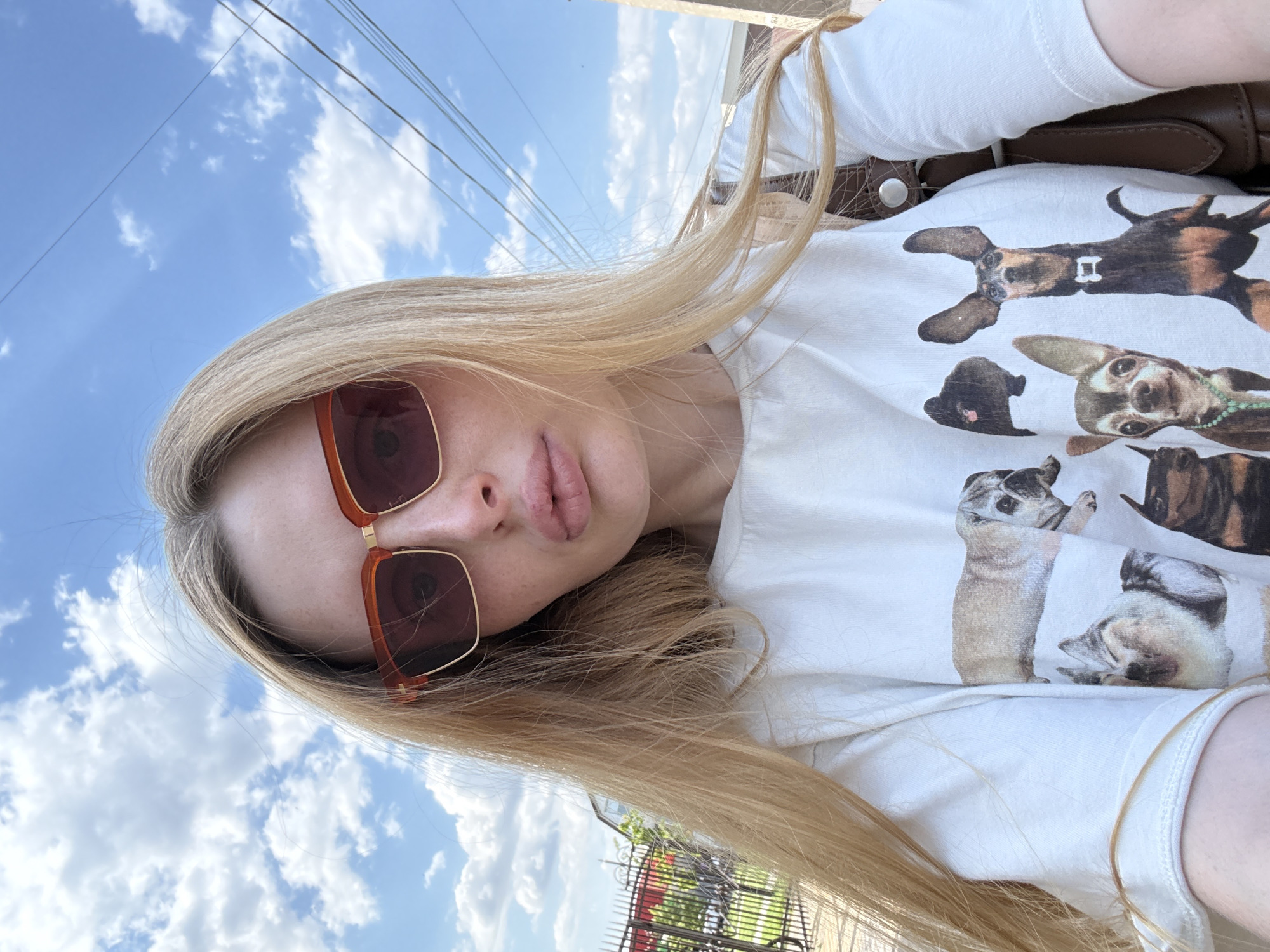 A woman with long blonde hair and sunglasses is taking a selfie outdoors. She is wearing a white t-shirt with a print of various dog breeds. The background shows a blue sky with white clouds and some power lines. A metal fence and some greenery are visible on the left side of the image. The image appears to have been taken during the daytime.