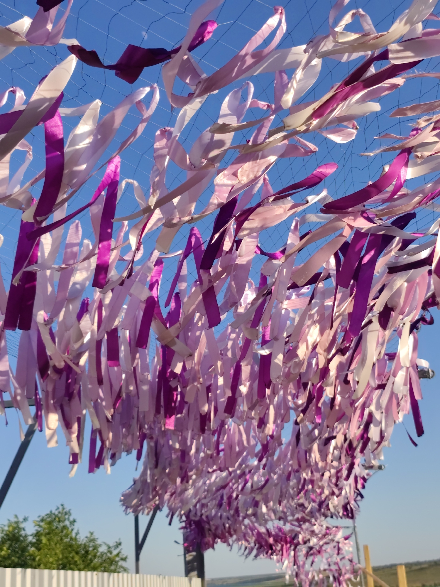 The image shows a close-up, low-angle view of a canopy made of numerous pink and purple ribbons against a clear blue sky. The ribbons are of varying shades of pink and purple, some appearing lighter and more translucent, while others are a deep, vibrant magenta. They are attached to a dark mesh or netting, which is suspended from a frame of dark poles visible in the background. The ribbons are blowing and fluttering in the wind, creating a dynamic and festive effect.
Below the ribbon canopy, a white fence is visible, and beyond that, a hint of greenery from trees and a distant body of water or landscape under a bright, sunny sky, suggesting it is daytime. The scene appears to be outdoors, possibly at an event or a decorative installation. The lighting indicates a sunny day, with the sunlight reflecting off the satin-like surfaces of some ribbons. The overall mood conveyed is cheerful and celebratory. No people are visible in the frame, and there is no visible text. The location context provided is Nechaiane, Ukraine.