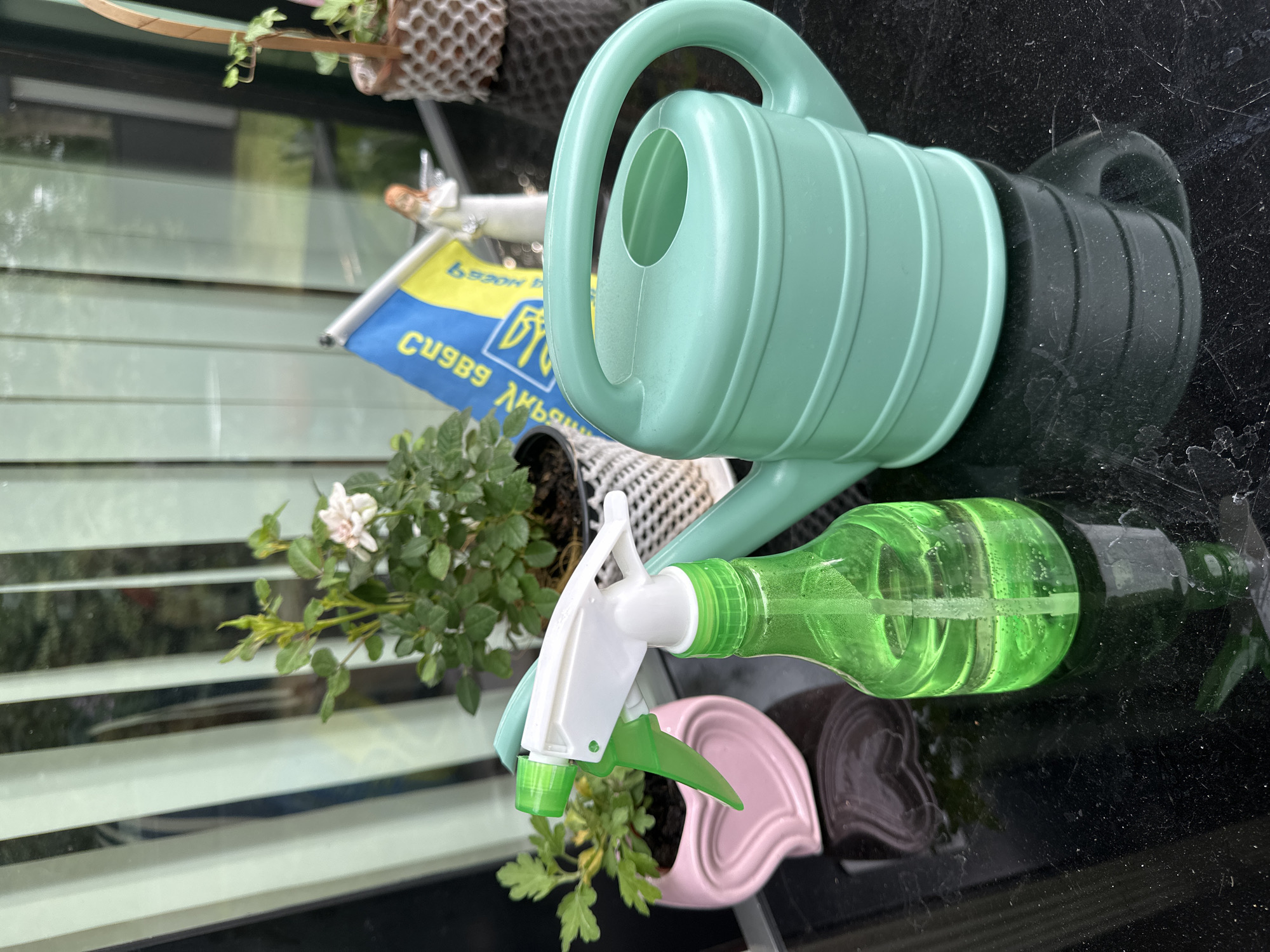 The image depicts a still life arrangement of gardening tools and plants on a dark, reflective surface, likely a table. In the foreground, a green plastic spray bottle filled with a clear liquid stands to the left. To its right is a mint green plastic watering can with a rounded handle and a circular opening at the top. Behind these, a small potted rose bush with a single pink bloom and several buds is visible. To the left of the rose bush is another potted plant in a pink heart-shaped planter. In the background, a Ukrainian flag with the inscription "СЛАВА УКРАЇНІ" (Slava Ukraini) is displayed, leaning against a vertical striped element, possibly blinds or shutters, through which a blurred outdoor scene is visible. A small angelic figurine stands near the flag. The overall scene suggests a domestic or garden setting. The location is not specified in the image.