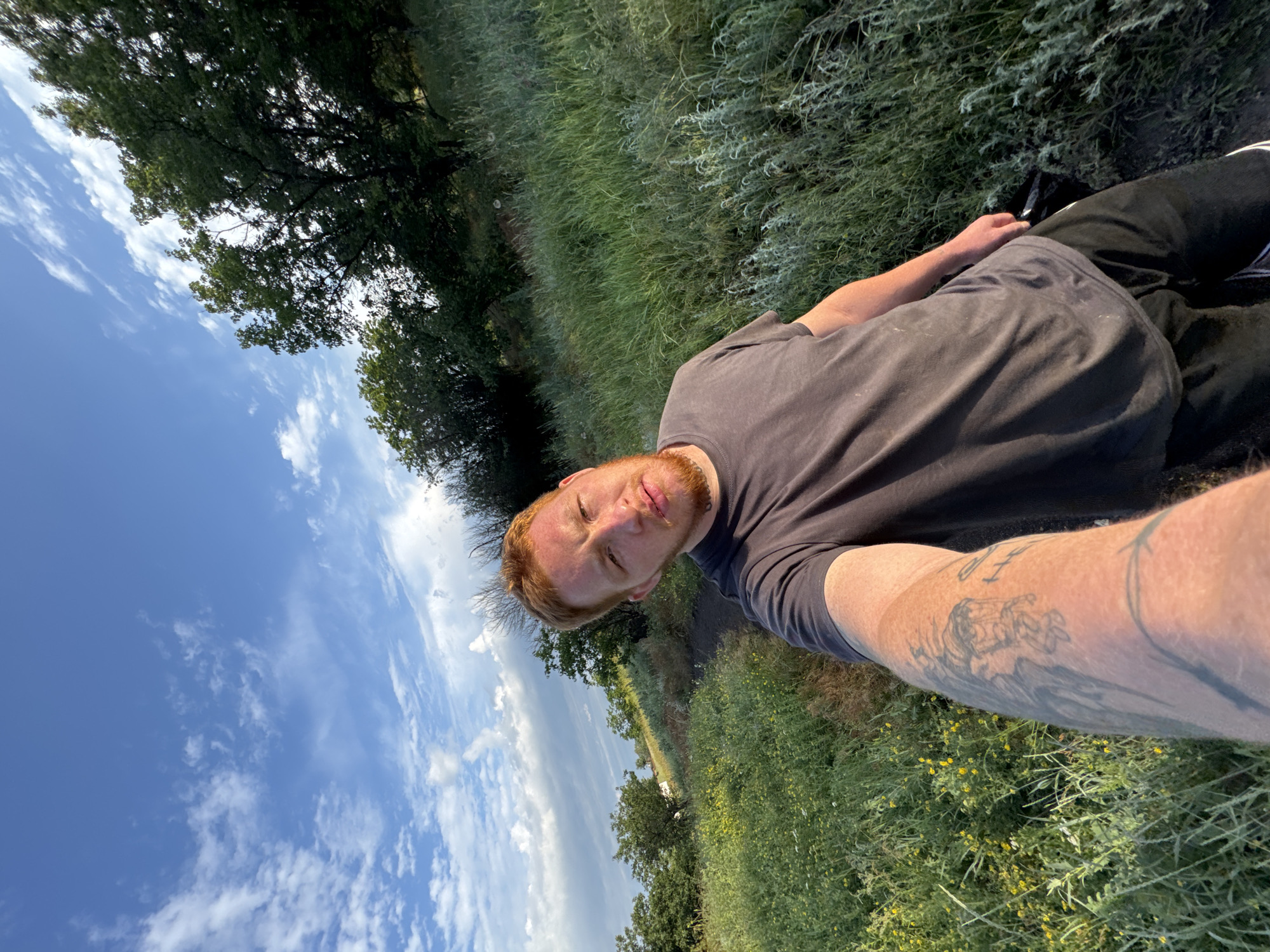 A man with red hair and a beard takes a selfie outdoors. He is wearing a gray t-shirt and black shorts. His left arm is tattooed. He is standing on a dirt path, with tall green grass and trees surrounding him. The sky is blue with white clouds. The sun appears to be setting.