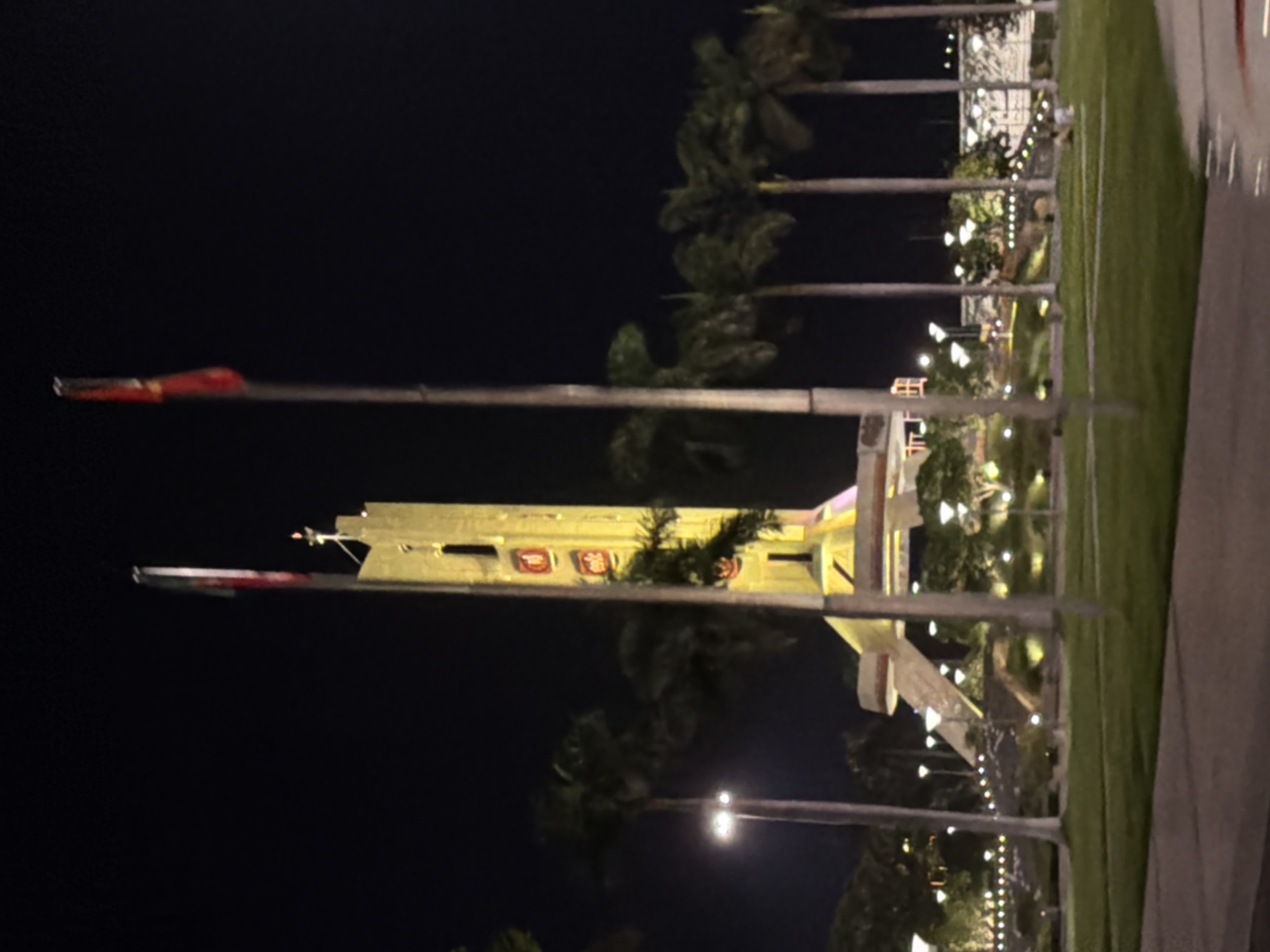 The image shows the Dragon Bridge in Da Nang, Vietnam at night. The bridge is illuminated with colorful lights and there are palm trees on either side of the road. There are also two flags on poles in front of the bridge. The sky is dark and there are no clouds. The scene appears to be a public park or plaza.