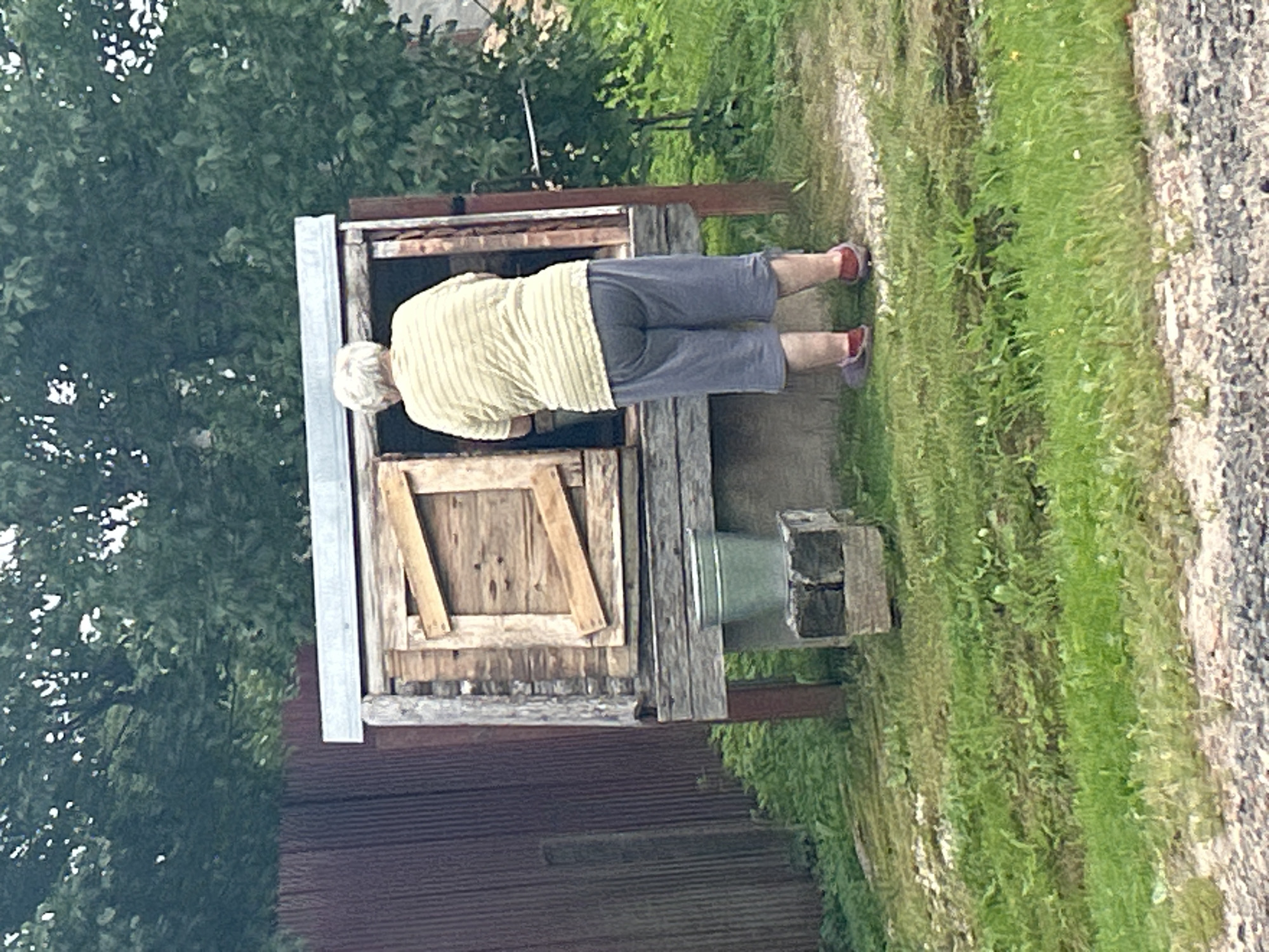 A woman with grey hair is standing with her back to the camera, reaching into a wooden structure with a metal roof. She is wearing a light-colored striped shirt and grey shorts. In front of the wooden structure, a silver bucket sits on a small, weathered wooden crate. The structure is located in a grassy area, with a rusty corrugated metal fence to the left and lush green trees in the background. The scene appears to be outdoors, possibly in a rural or suburban setting in Vereiki, Russia.