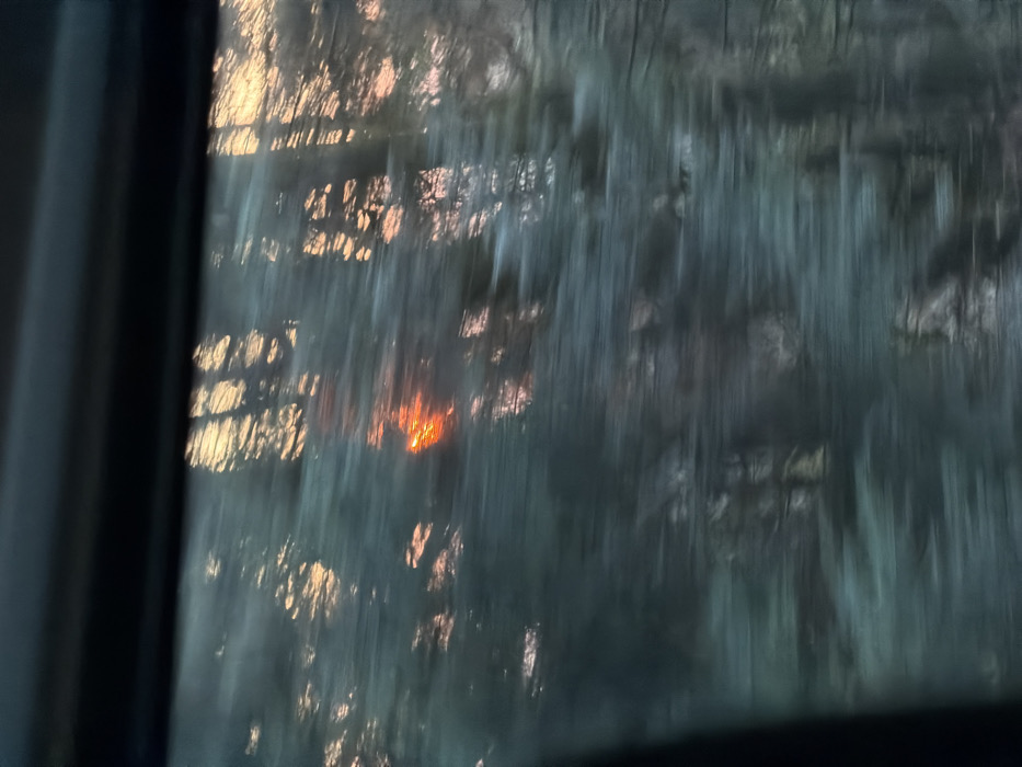 The image presents a blurry, motion-streaked view captured from inside a vehicle, with a dark horizontal car window frame at the top, looking out into a natural environment in Le Saulcy, France. The scene depicts a dense, forested area rendered abstract by motion blur, creating vertical and horizontal streaks of dark teal, blue-green, and gray foliage. A distinct, bright orange-red light source, likely the sun, is prominent in the mid-left, casting warm hues across parts of the upper and central areas of the foliage. No individuals, specific man-made objects within the natural scene, or discernible actions are depicted.